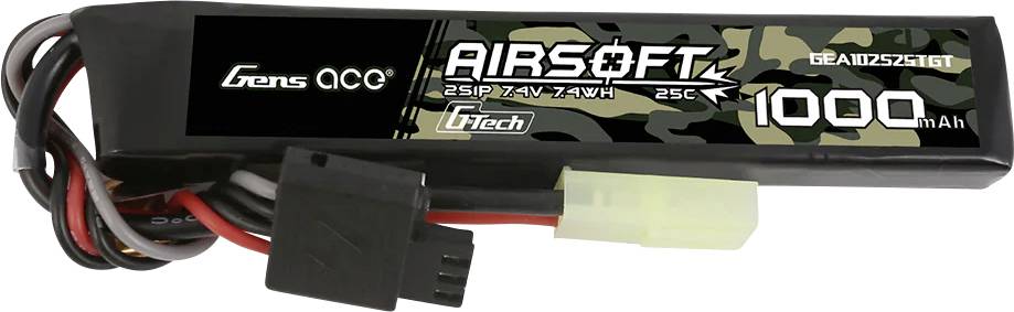 Batterie pour fusils Airsoft, modèle 'Gens Ace', 1000 mAh, 7,4V, 25C. Boîtier noir avec motif de camouflage et câbles connectés.