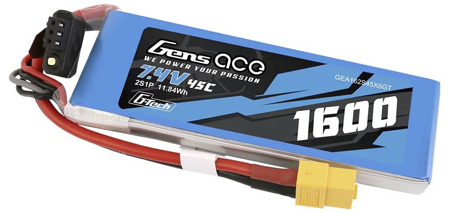 Batterie Lipo Gens Ace 1600, 7,4V 45C, avec emballage bleu, câbles rouge et noir, connecteur jaune.