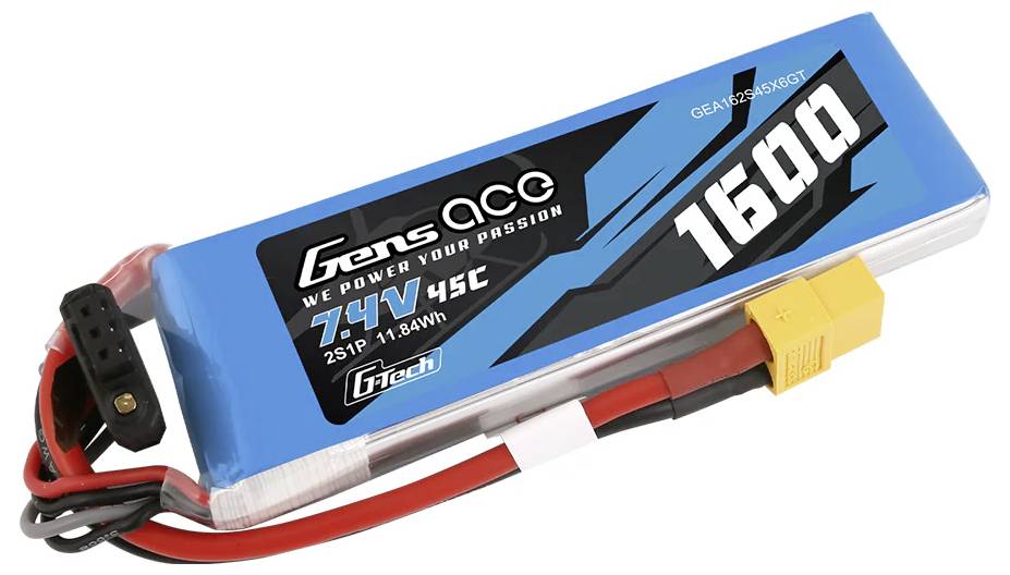 Batterie LiPo Gens Ace, 11,84 Wh, 7,4 V, 1600 mAh, autocollant bleu, connecteur XT60, câble noir.