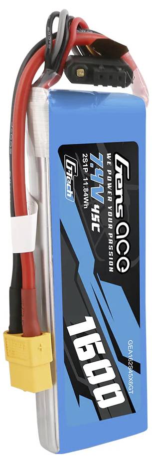 Batterie pour modélisme RC, 14,8V, 1600mAh, 95C, emballage bleu, câbles rouge et noir avec connecteur jaune.