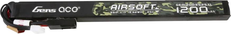 Pack de batterie 'Airsoft' de 1200 mAh avec motif de camouflage, accompagné de câbles et de connecteurs pour le branchement.