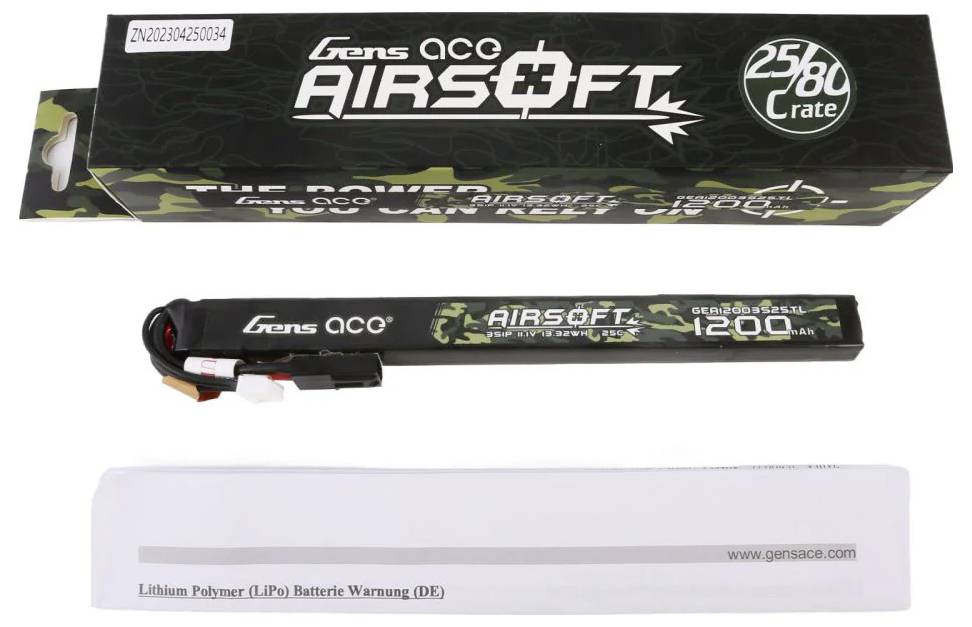 Batterie Gens Ace pour Airsoft de 1200 mAh, illustrée à côté de son emballage et de l'avertissement de sécurité pour batterie Lithium Polymère (LiPo).