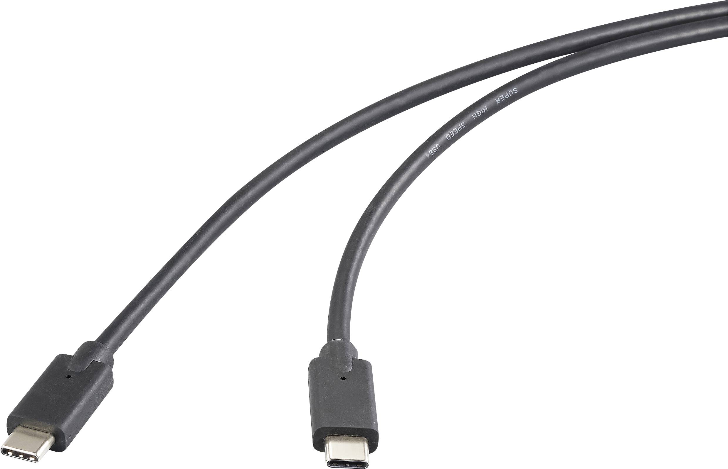 Deux câbles USB-C noirs sur un fond blanc, l'un pointant vers la droite, l'autre vers la gauche, sans marquage visible.