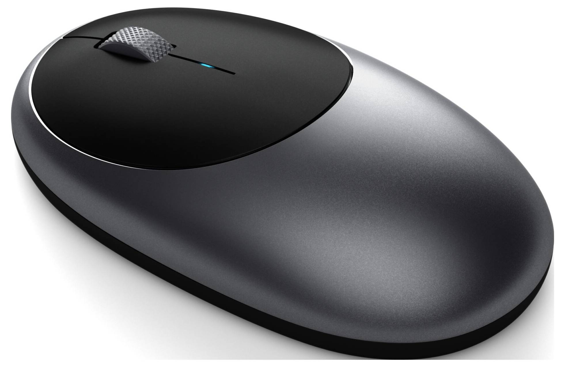 Souris d'ordinateur sans fil, ergonomique, en noir avec un accent argenté et un voyant LED bleu sur le dessus.