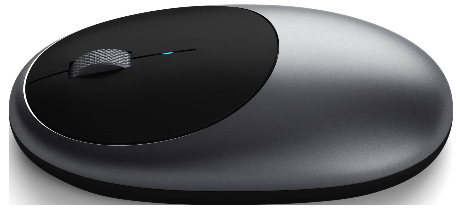 Souris d'ordinateur sans fil, ergonomique, au design métallique sombre avec une surface lisse et une molette de défilement texturée.