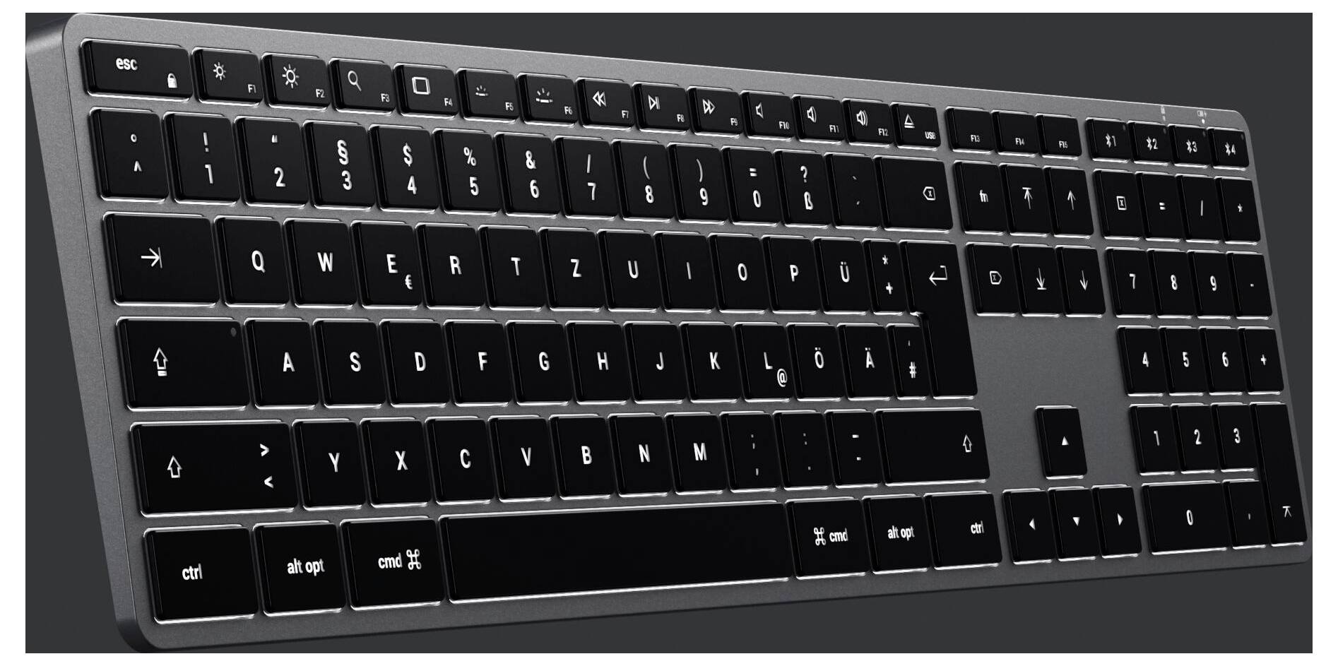 Clavier allemand QWERTZ sans fil avec pavé numérique sur fond sombre. Idéal pour les travaux informatiques et la saisie rapide de textes.