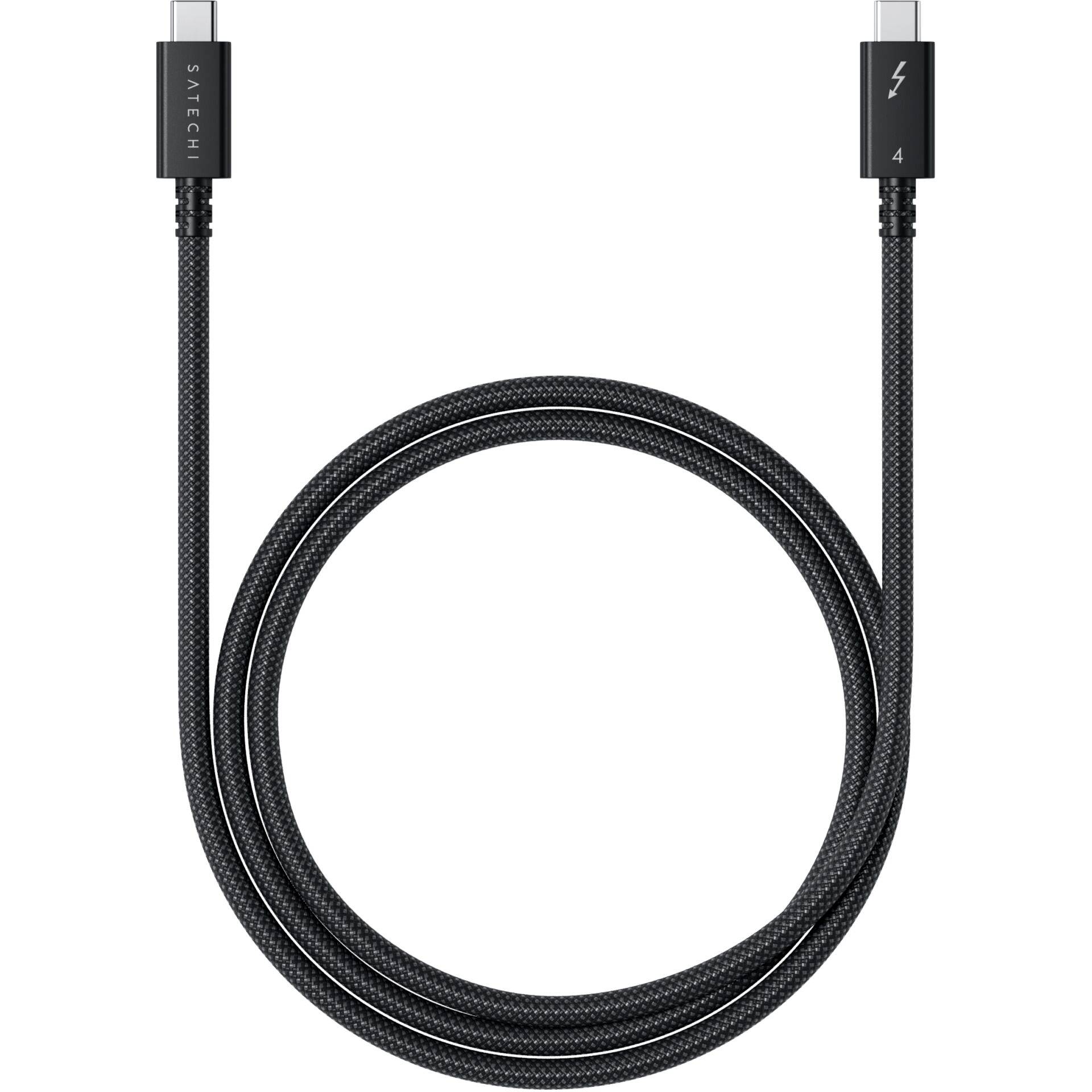 Un câble Thunderbolt-4 noir avec deux connecteurs USB-C. Texte 'Satechi' sur un connecteur et un symbole de foudre sur l'autre.