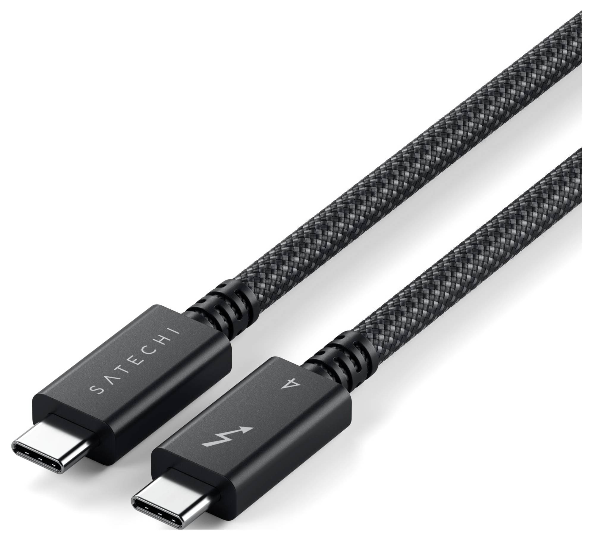 Câble USB-C tressé noir, marqué 'Satechi'. Montre deux fiches d'extrémité pour le transfert de données et les fonctions de charge.