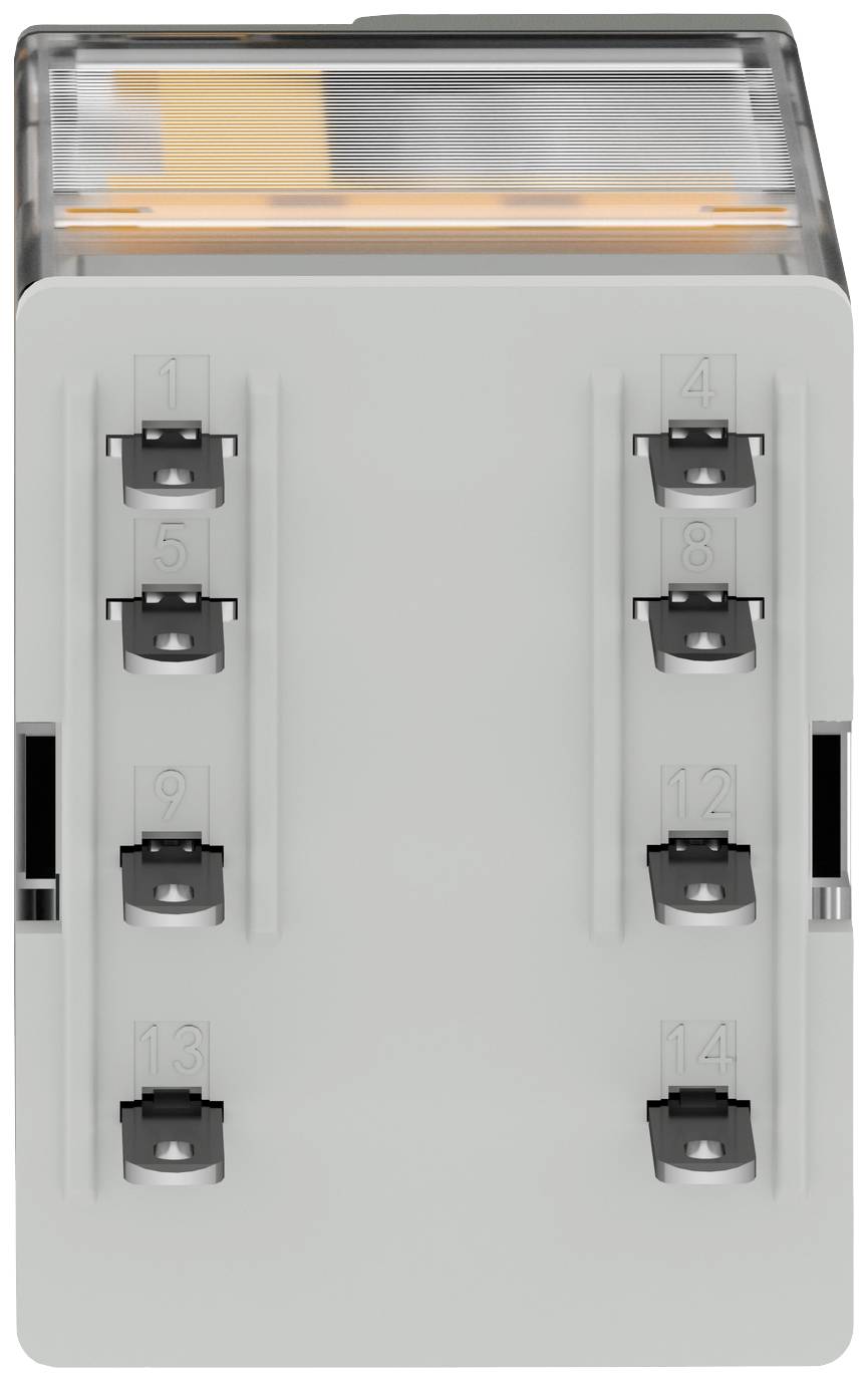 Ein graues elektrisches Verbindungsmodul mit nummerierten Anschlüssen von 1 bis 14, teilweise verdeckt, und einem transparenten Deckel oben.