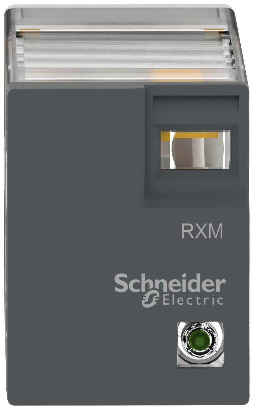 Ein kompaktes Elektromodul von Schneider Electric, Modell 'RXM', mit gräulichem Gehäuse und einem grün leuchtenden Schalter an der Unterseite.