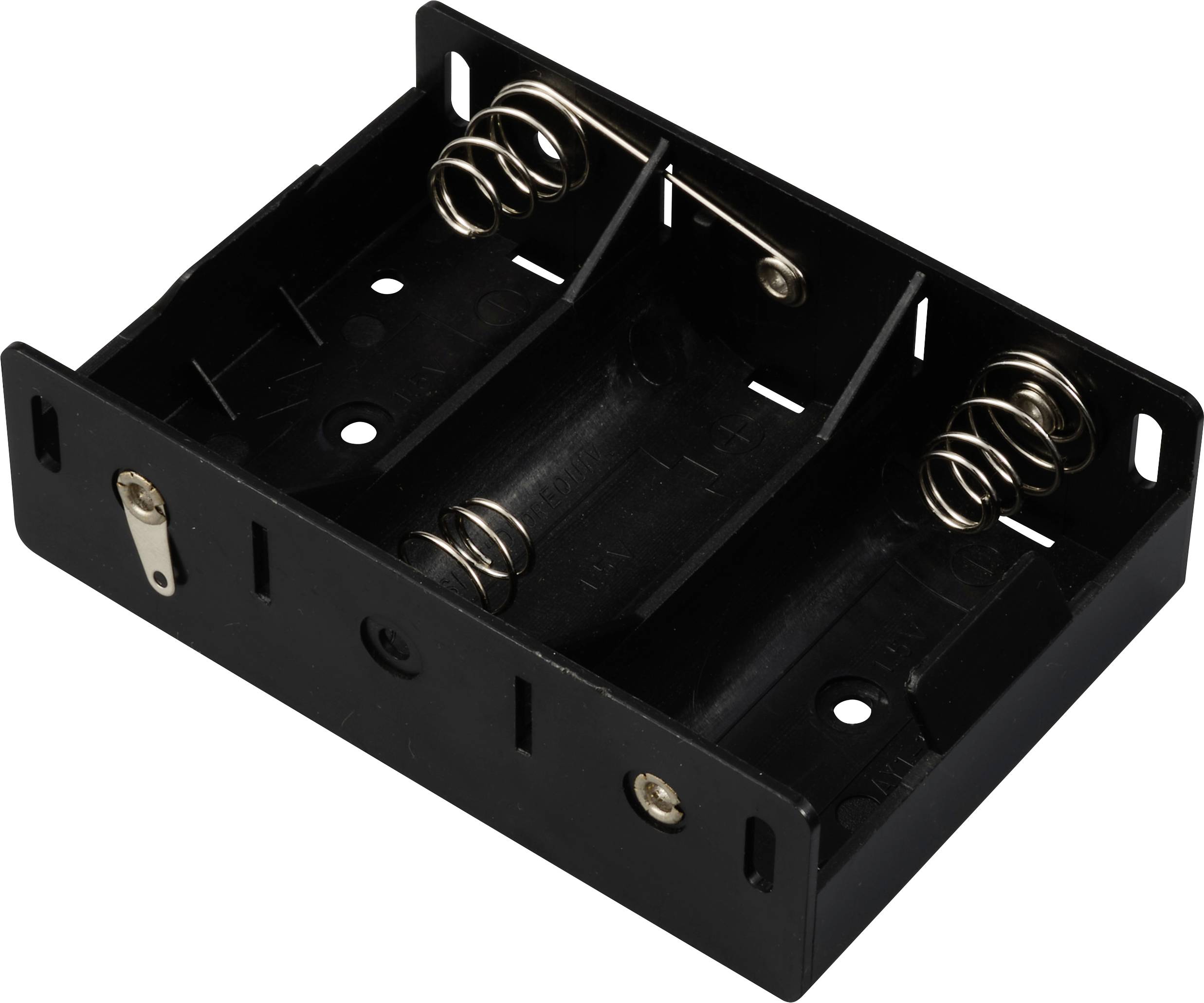 Support de piles noir en plastique pour trois piles AA, avec des ressorts visibles aux extrémités pour le contact électrique.