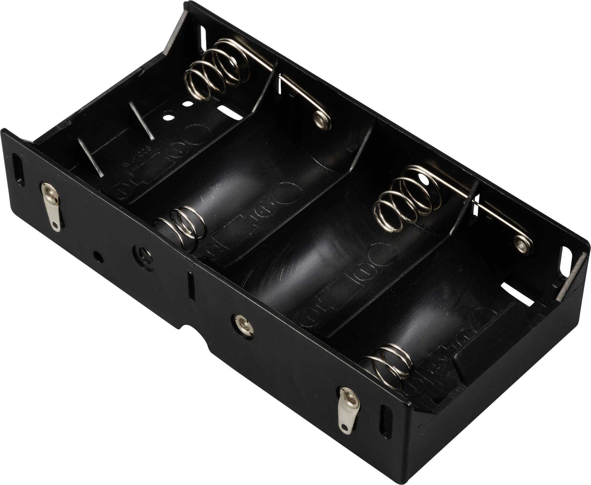 Support de batterie noir pour quatre piles AA, avec ressorts métalliques et contacts pour un insertion et une connexion sûres.