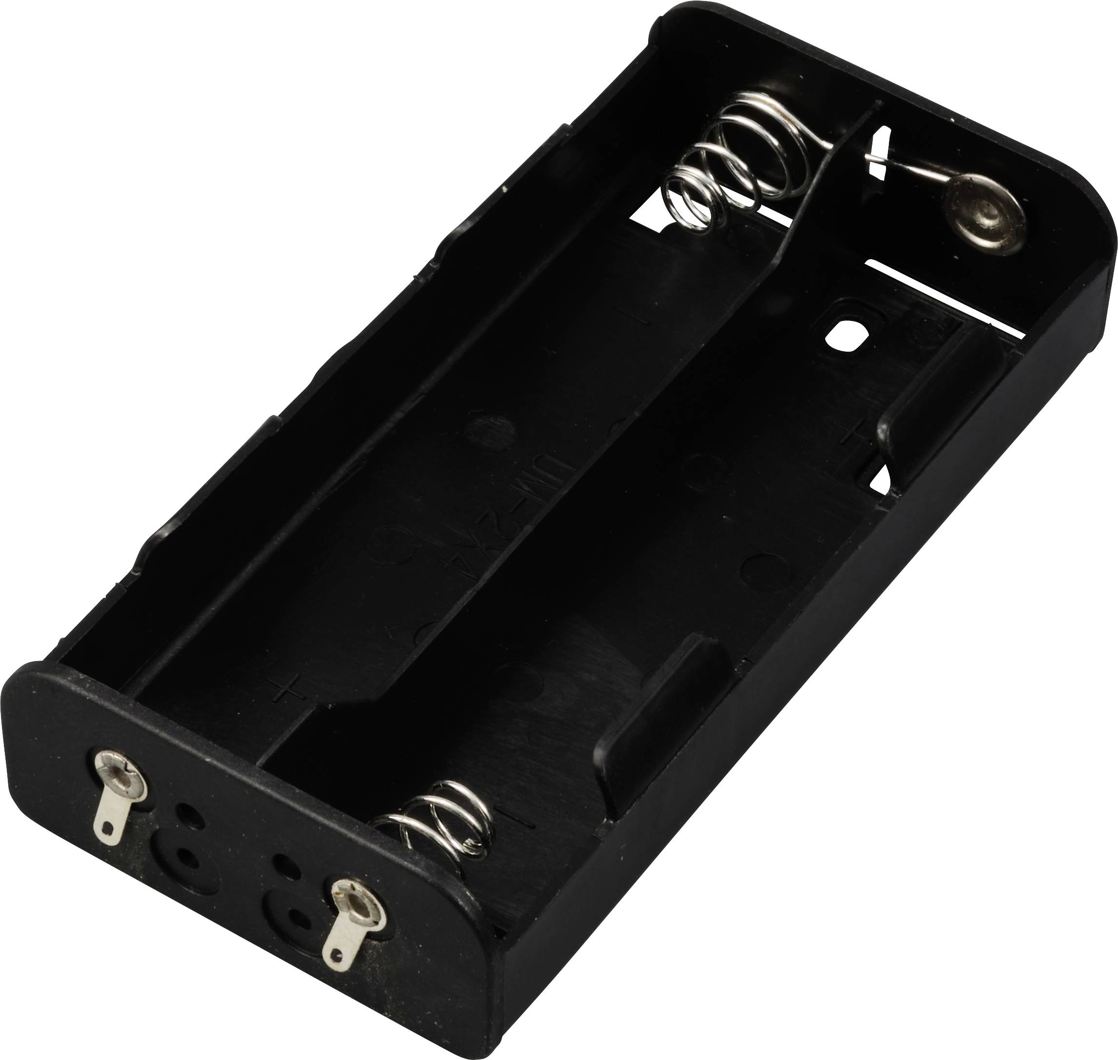 Un support de batterie noir, allongé, en plastique avec des ressorts métalliques et des contacts aux extrémités. Adapté pour deux batteries.