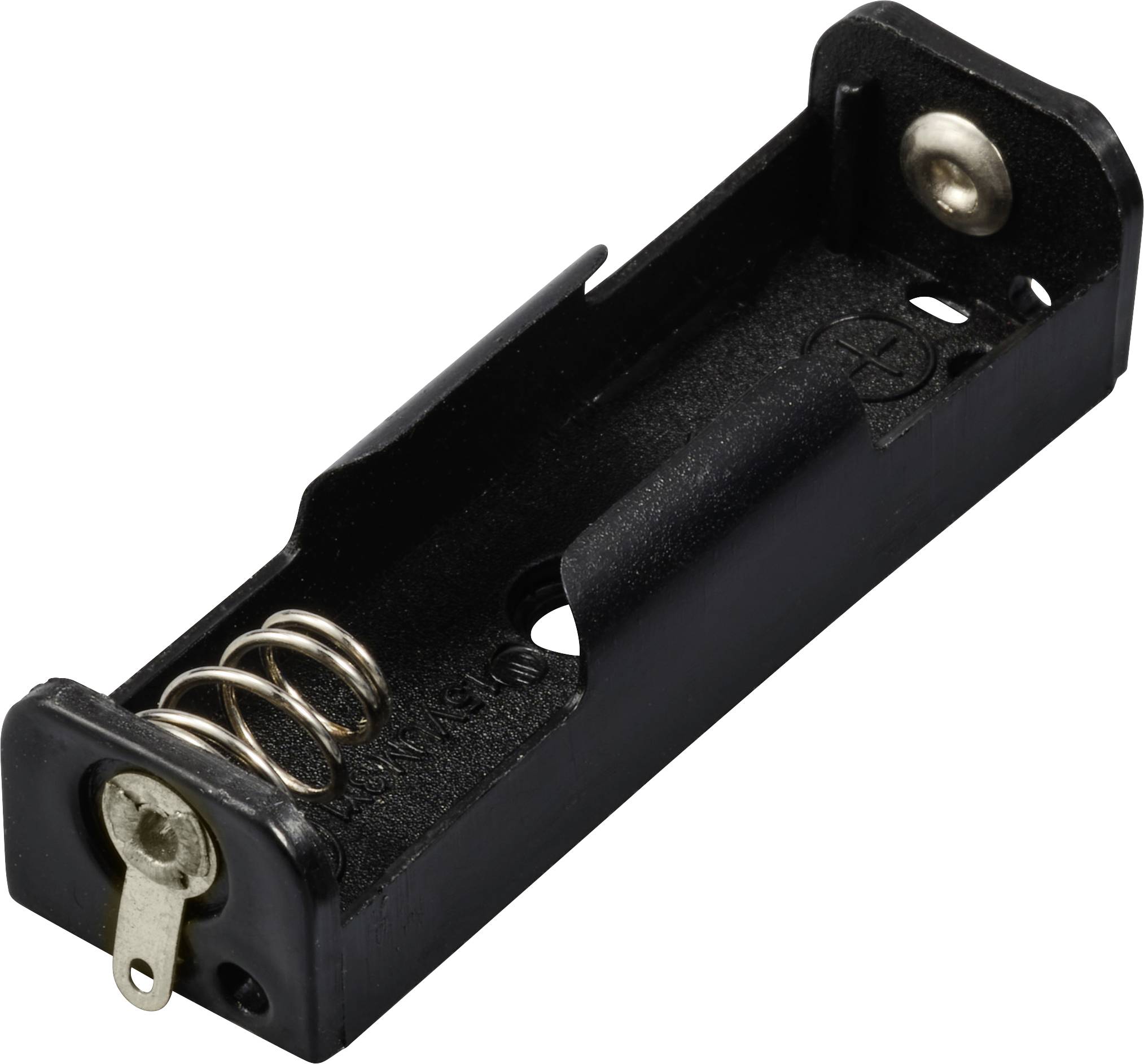 Support de pile noir en plastique avec mécanisme à ressort, adapté aux batteries cylindriques.