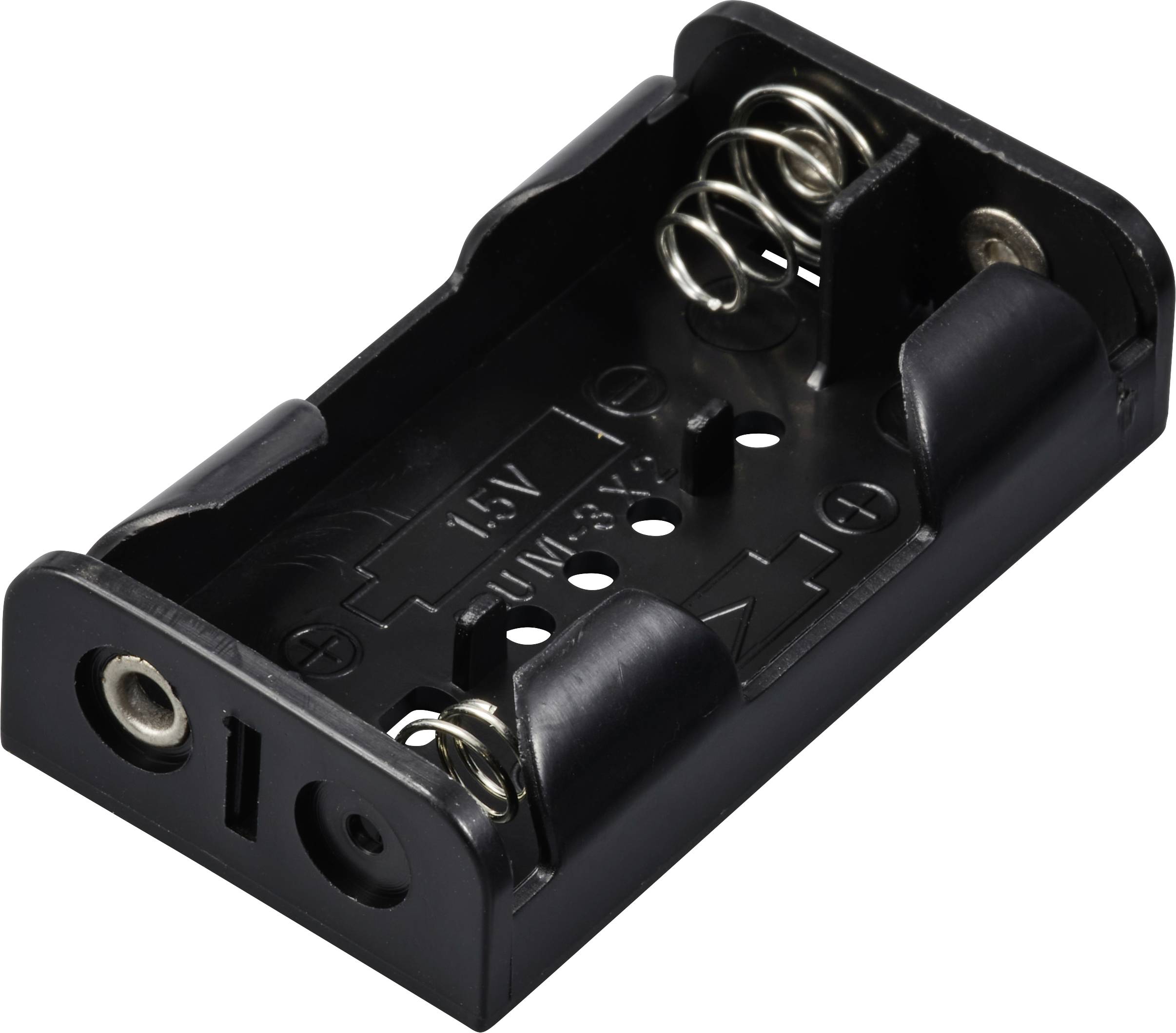 Support de pile en plastique noir pour deux piles AA, avec ressorts métalliques et marquage 1,5V.