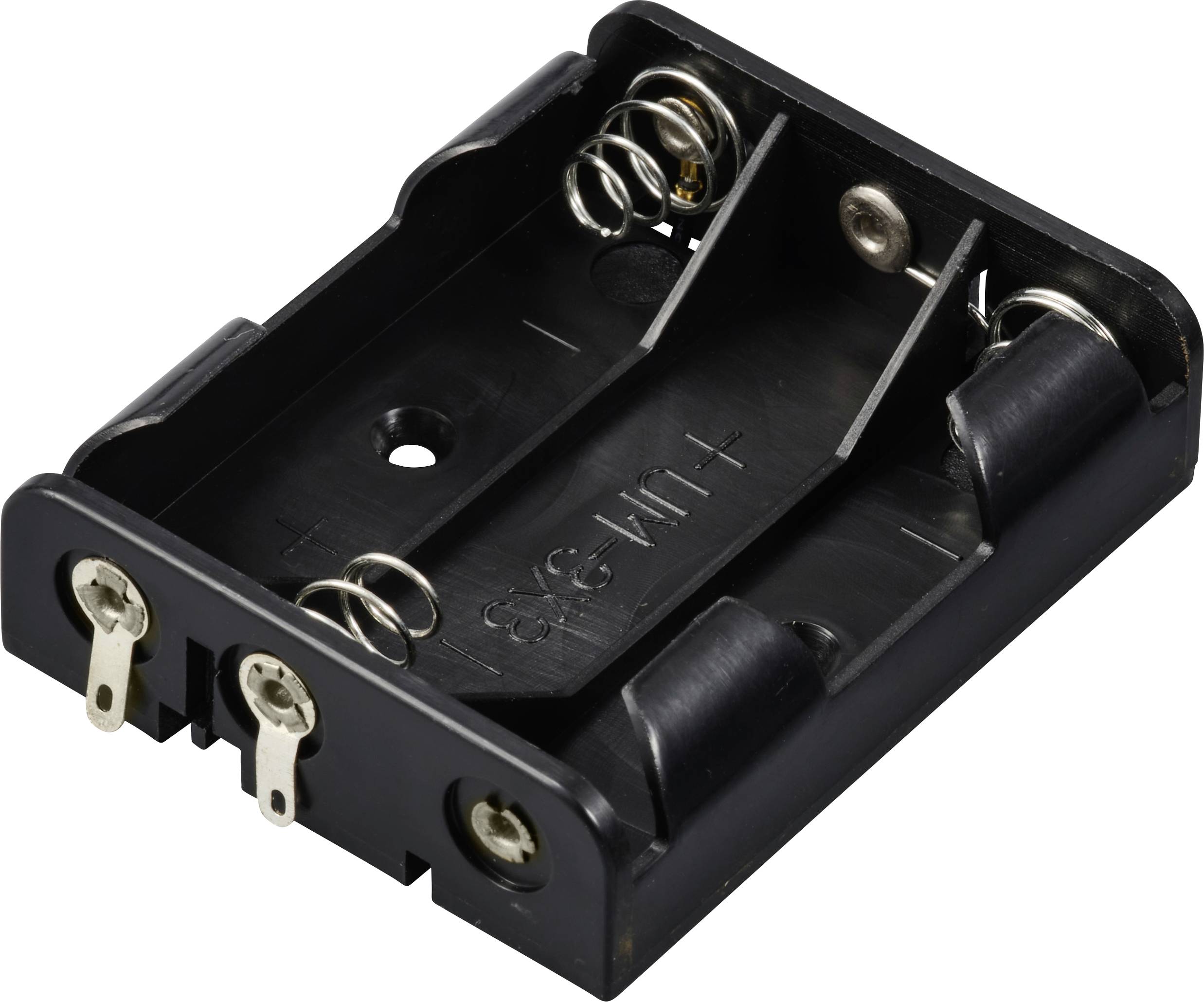 Boîtier de batterie noir pour deux piles AA avec ressorts métalliques et bornes, destiné à l'alimentation électrique d'appareils.