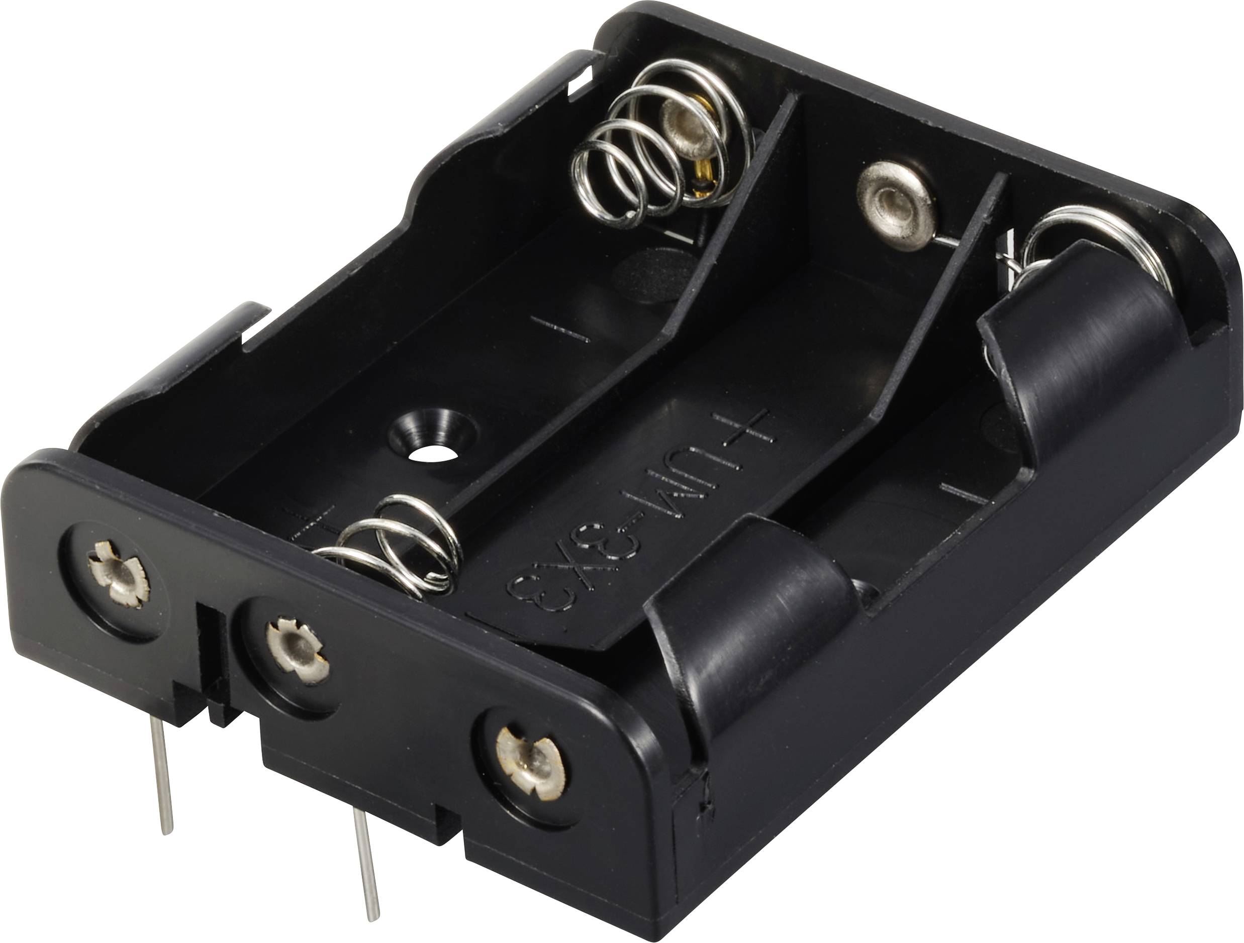 Support de pile noir pour deux piles AA avec des ressorts métalliques pour les contacts.