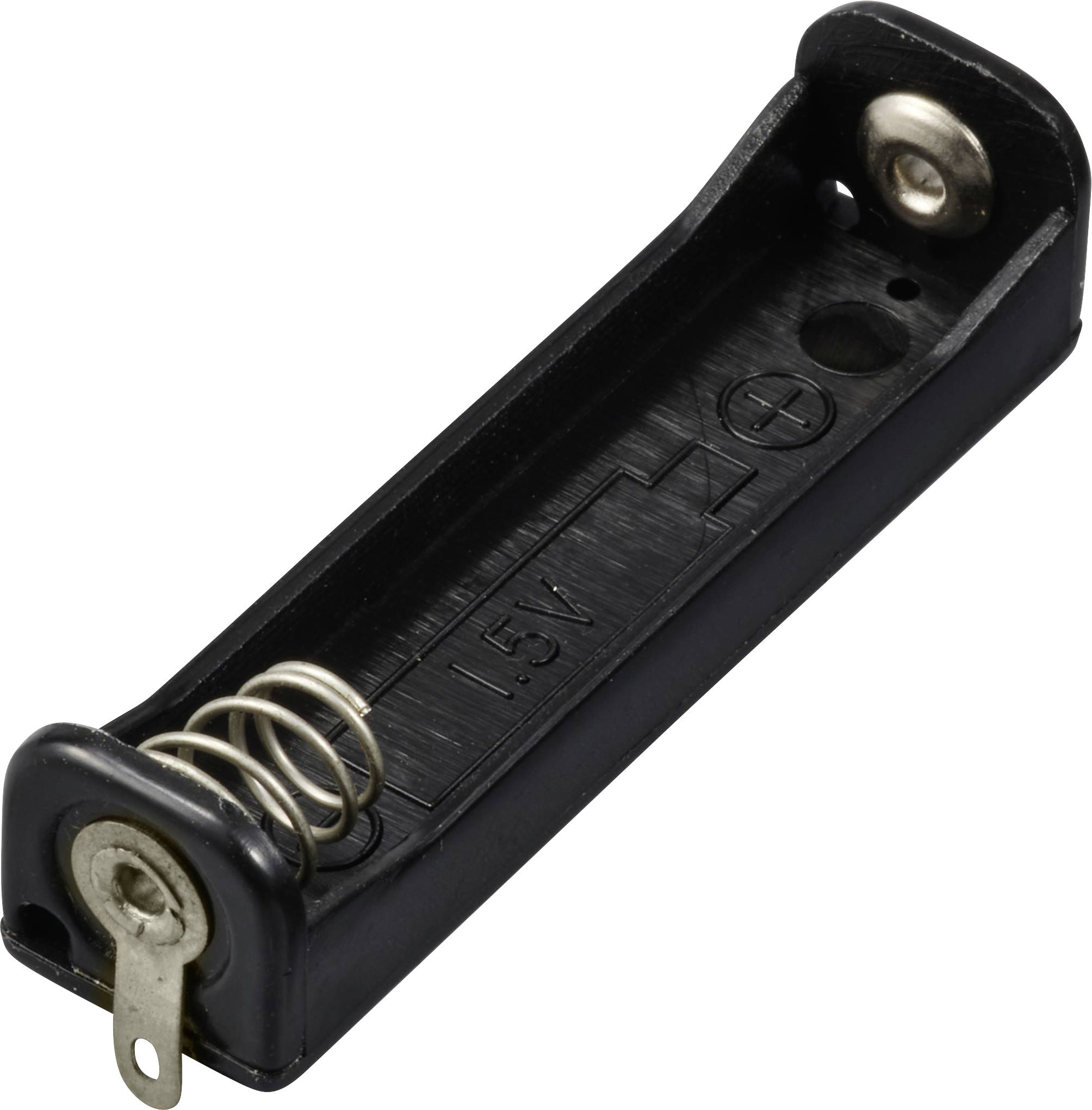 Support de batterie noir pour une pile AA. À gauche se trouve un ressort métallique, à droite une plaque de contact pour la connexion polaire.