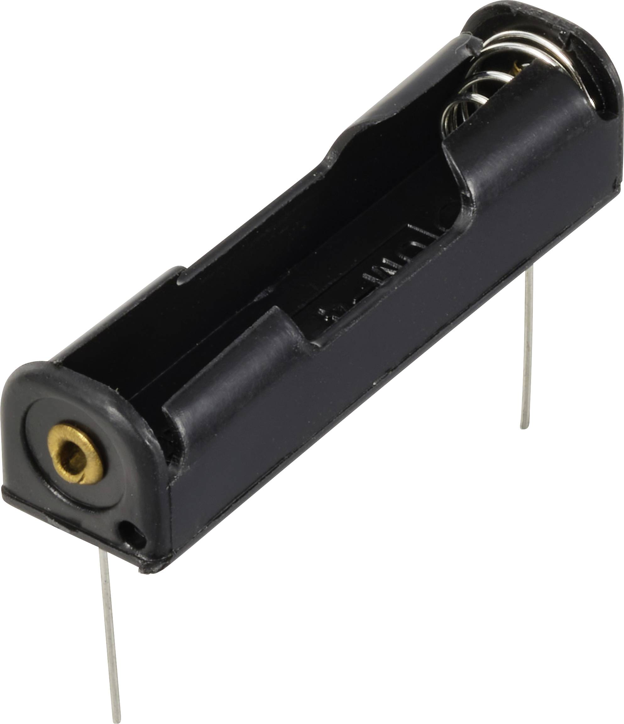 Support de pile pour une pile AA avec deux broches métalliques au bas, boîtier en plastique noir et contact à ressort.