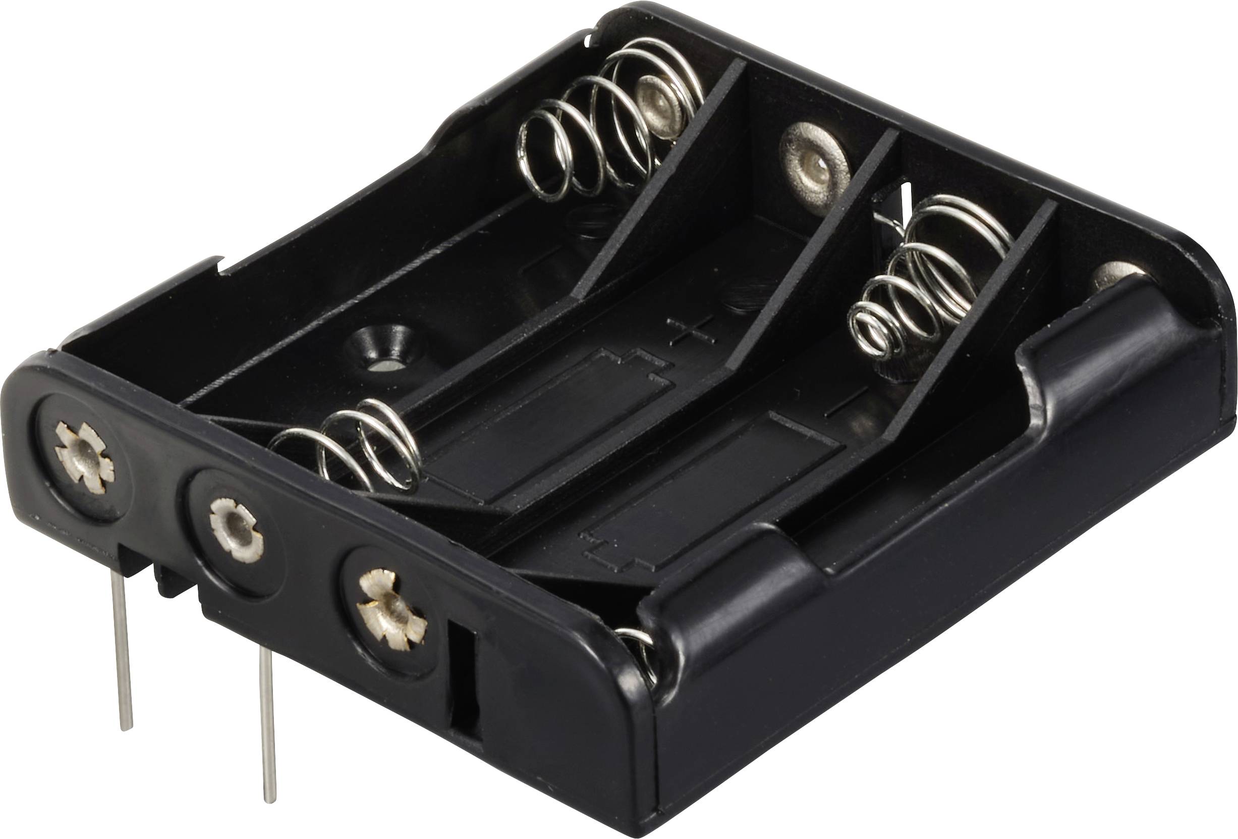 Support de pile noir avec espace pour deux piles AA, équipé de ressorts et de broches de connexion pour le montage.
