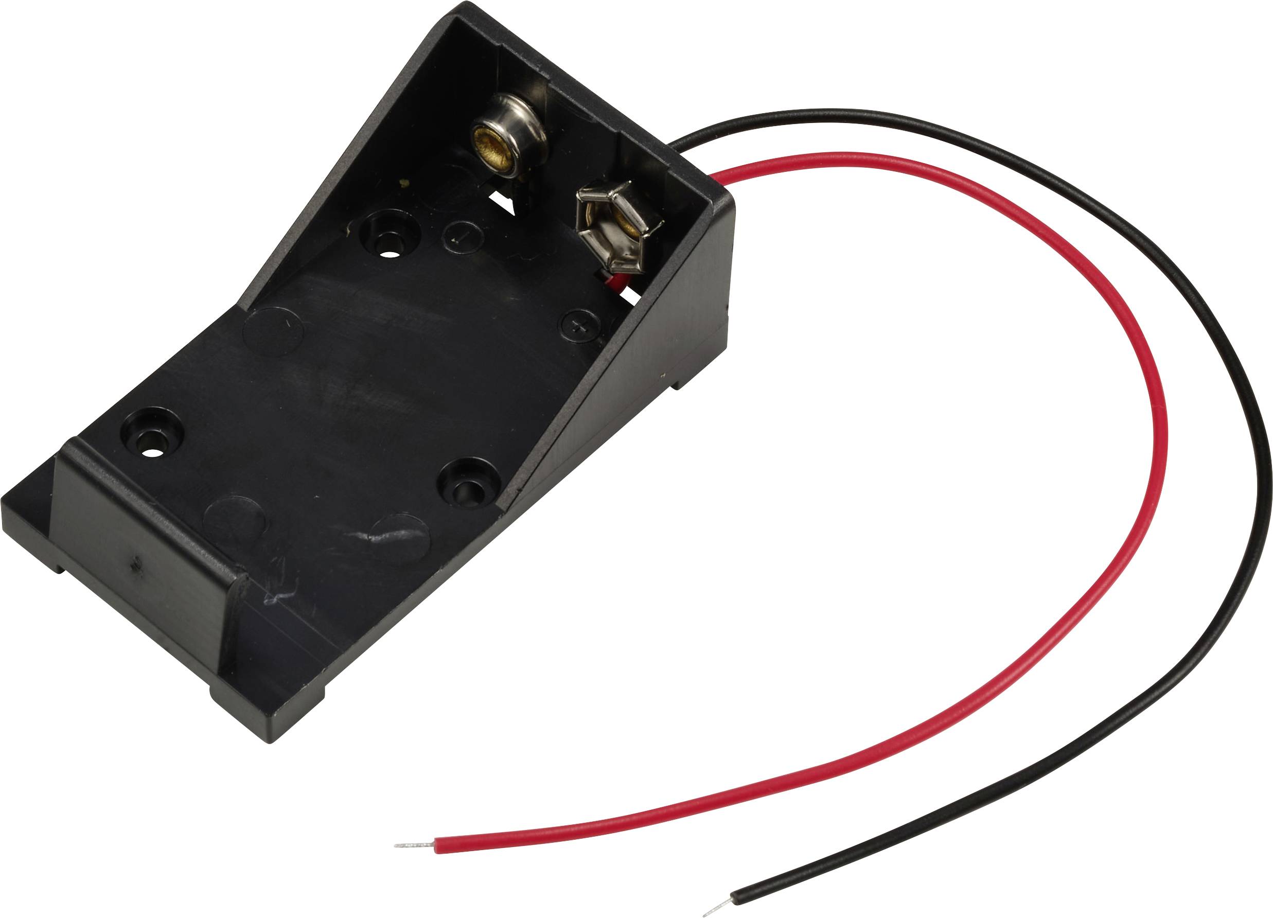Support de pile 9V en boîtier plastique noir, avec deux câbles (rouge et noir) pour le raccordement à des appareils électroniques.