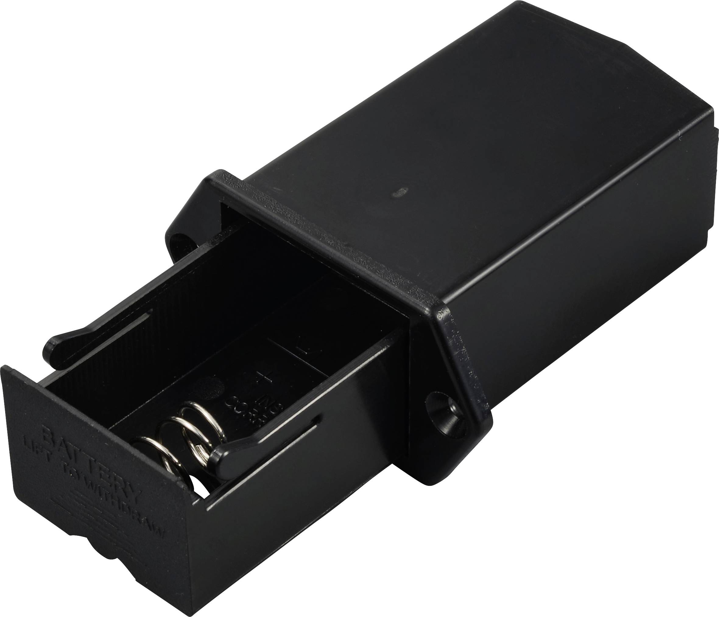 Support de batterie noir en plastique avec compartiment ouvert pour piles AA, montrant les ressorts et les contacts internes.