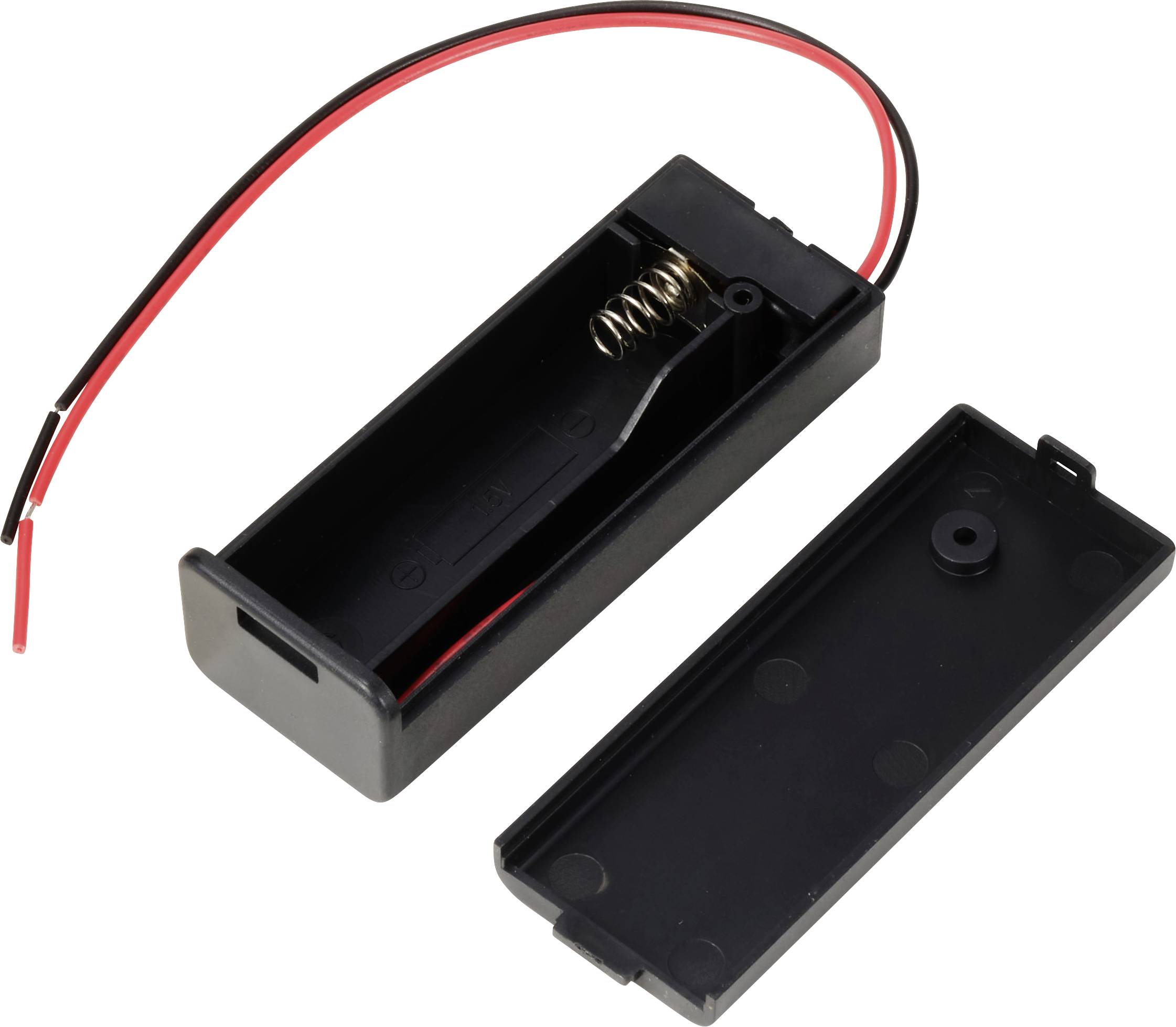 Support de pile en plastique noir avec couvercle amovible et deux fils de connexion, adapté pour les batteries.