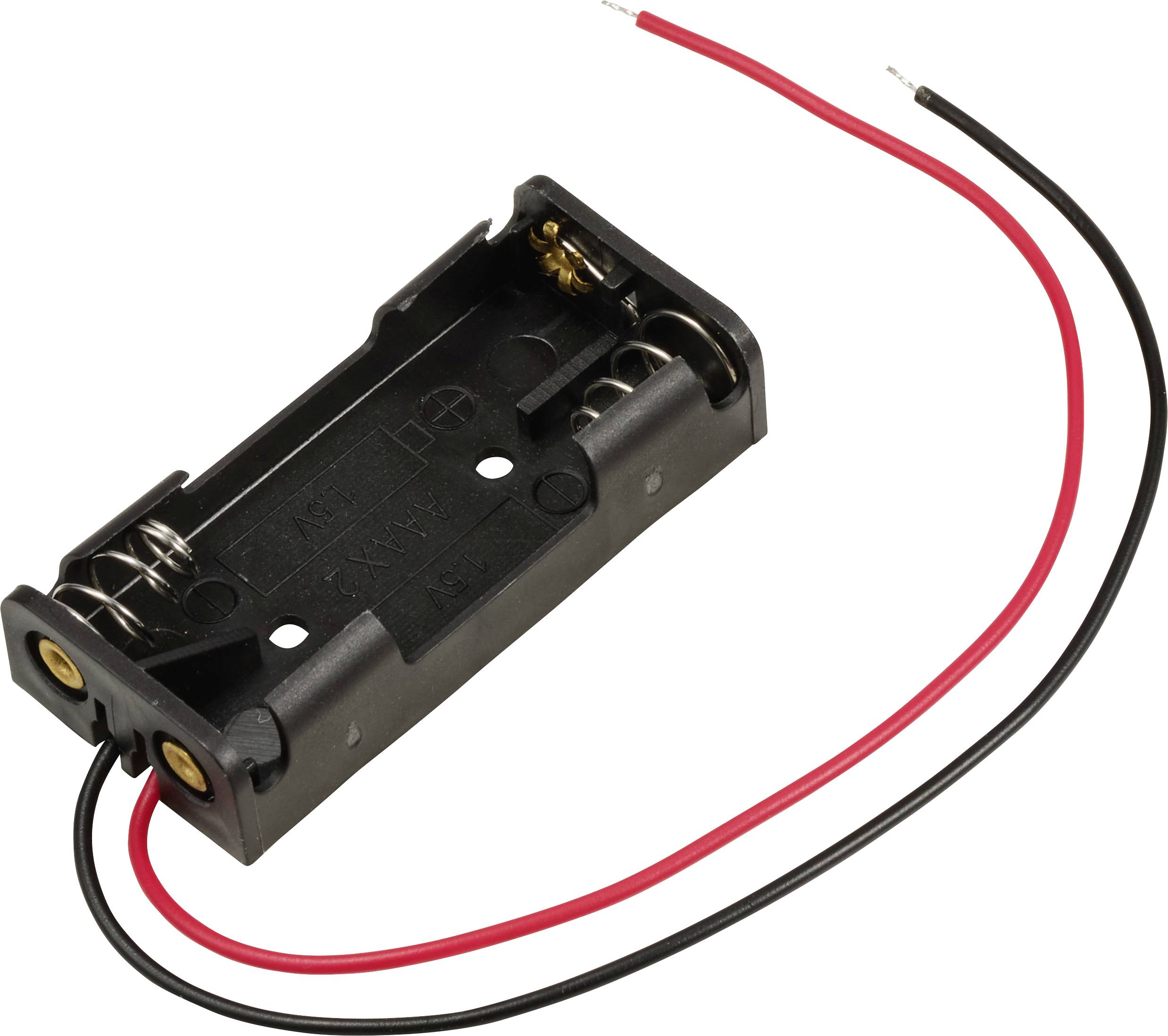 Support de batterie noir pour deux piles AA avec câbles de connexion rouges et noirs.
