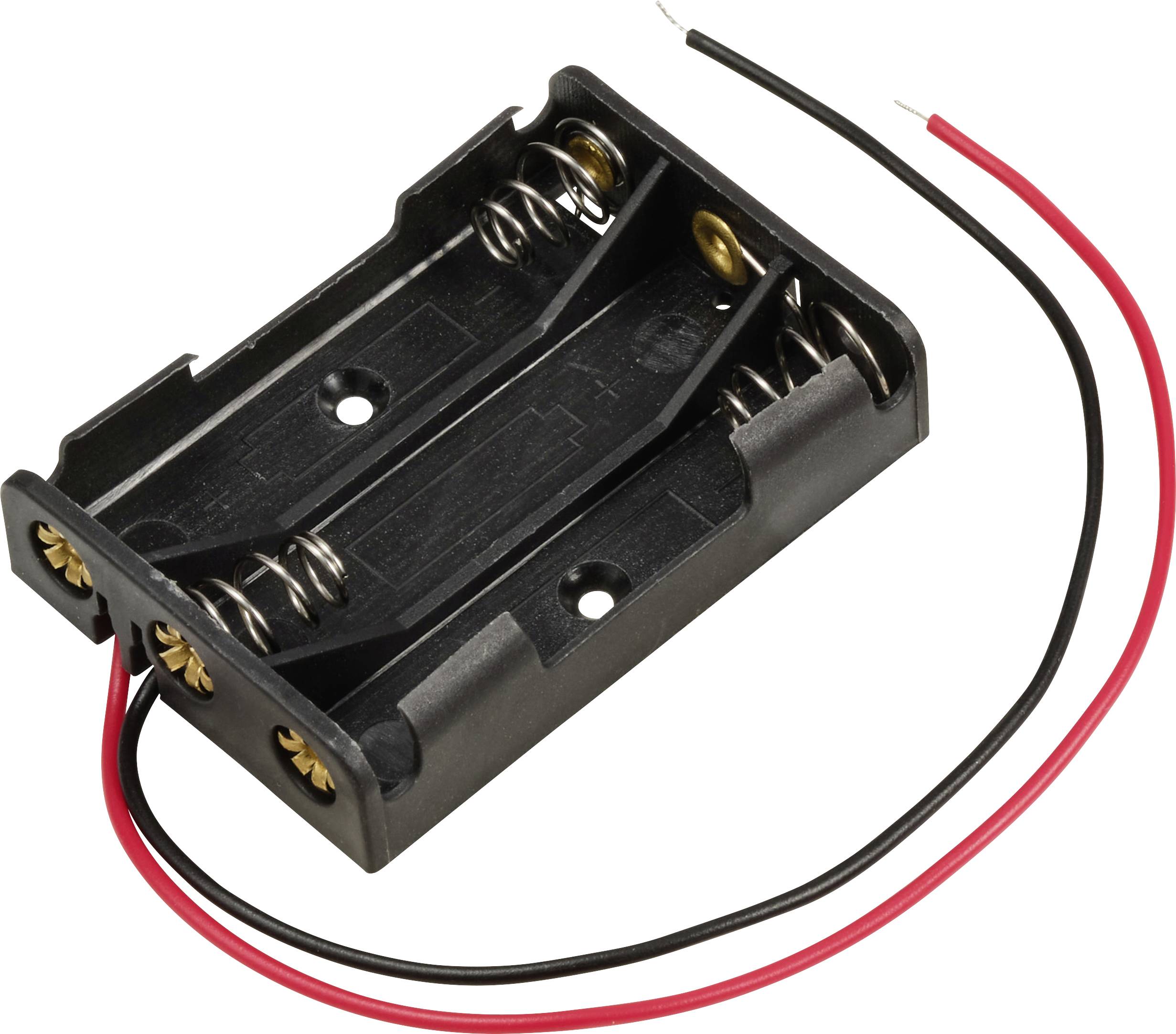 Support de batterie noir pour deux piles AA, équipé de câbles rouges et noirs pour la connexion à un appareil électrique.