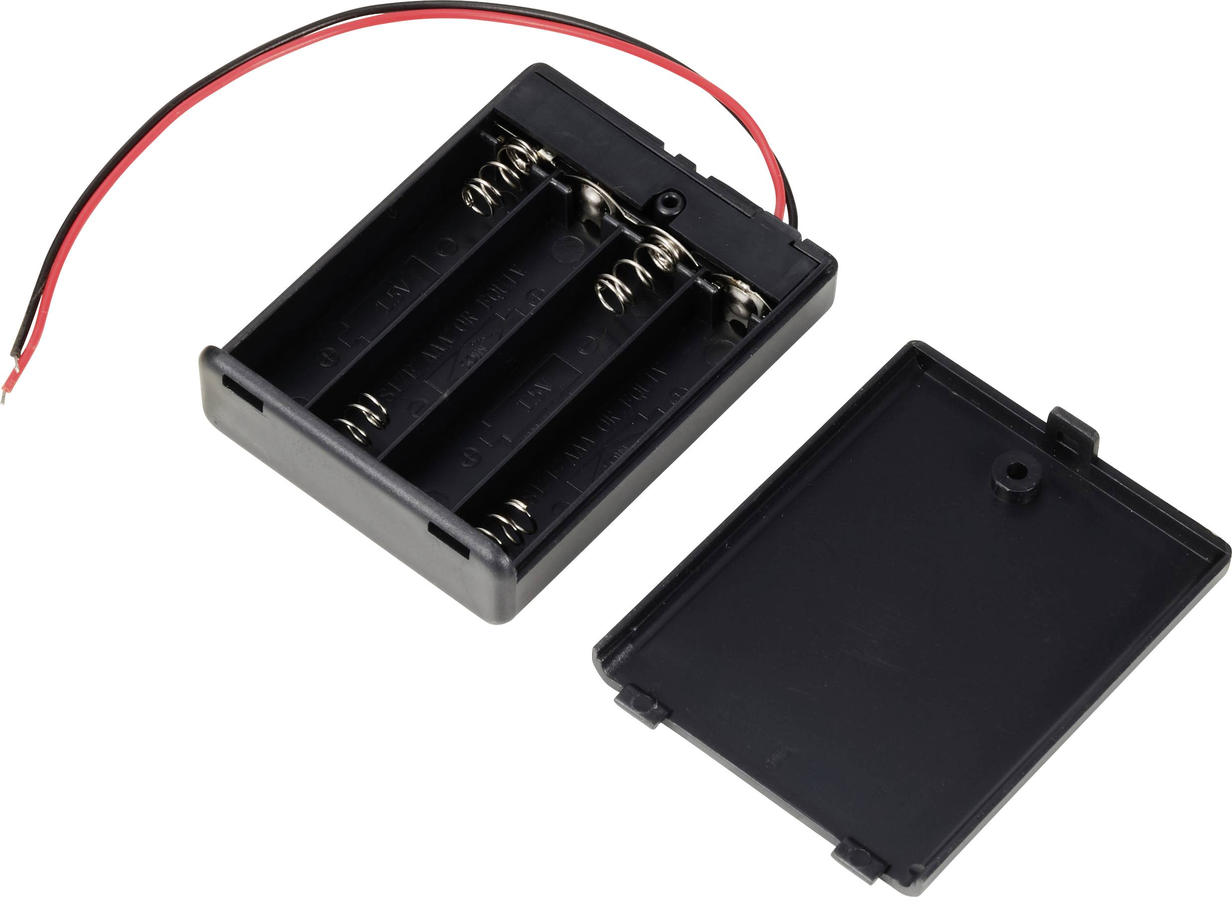 Support de batterie avec couvercle amovible, montrant un espace pour quatre piles AA et des fils de connexion rouges et noirs.