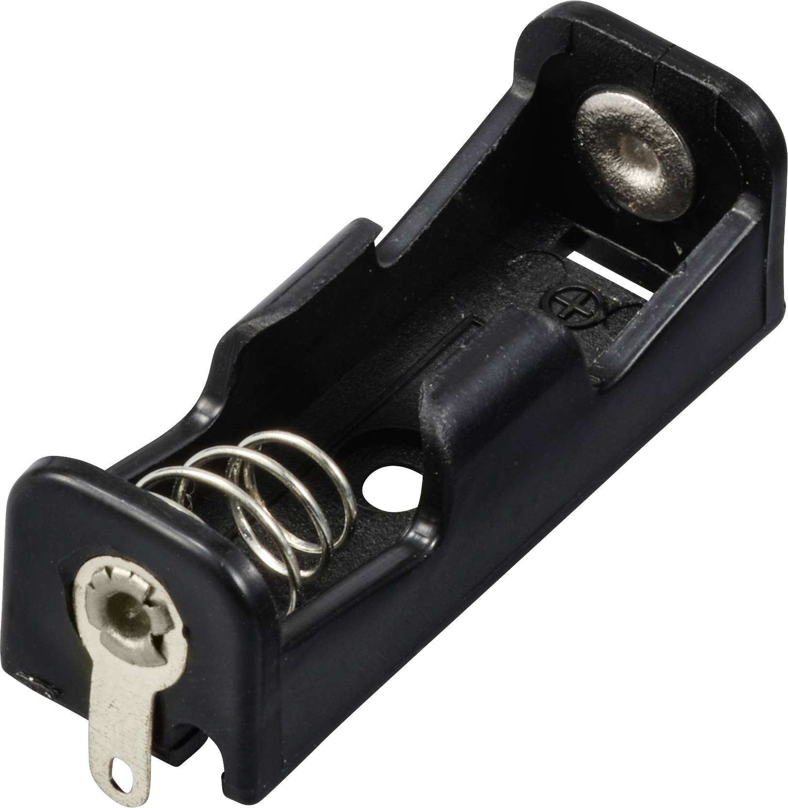 Un support de batterie en plastique noir pour une pile AA, avec un mécanisme à ressort et un contact métallique à une extrémité.