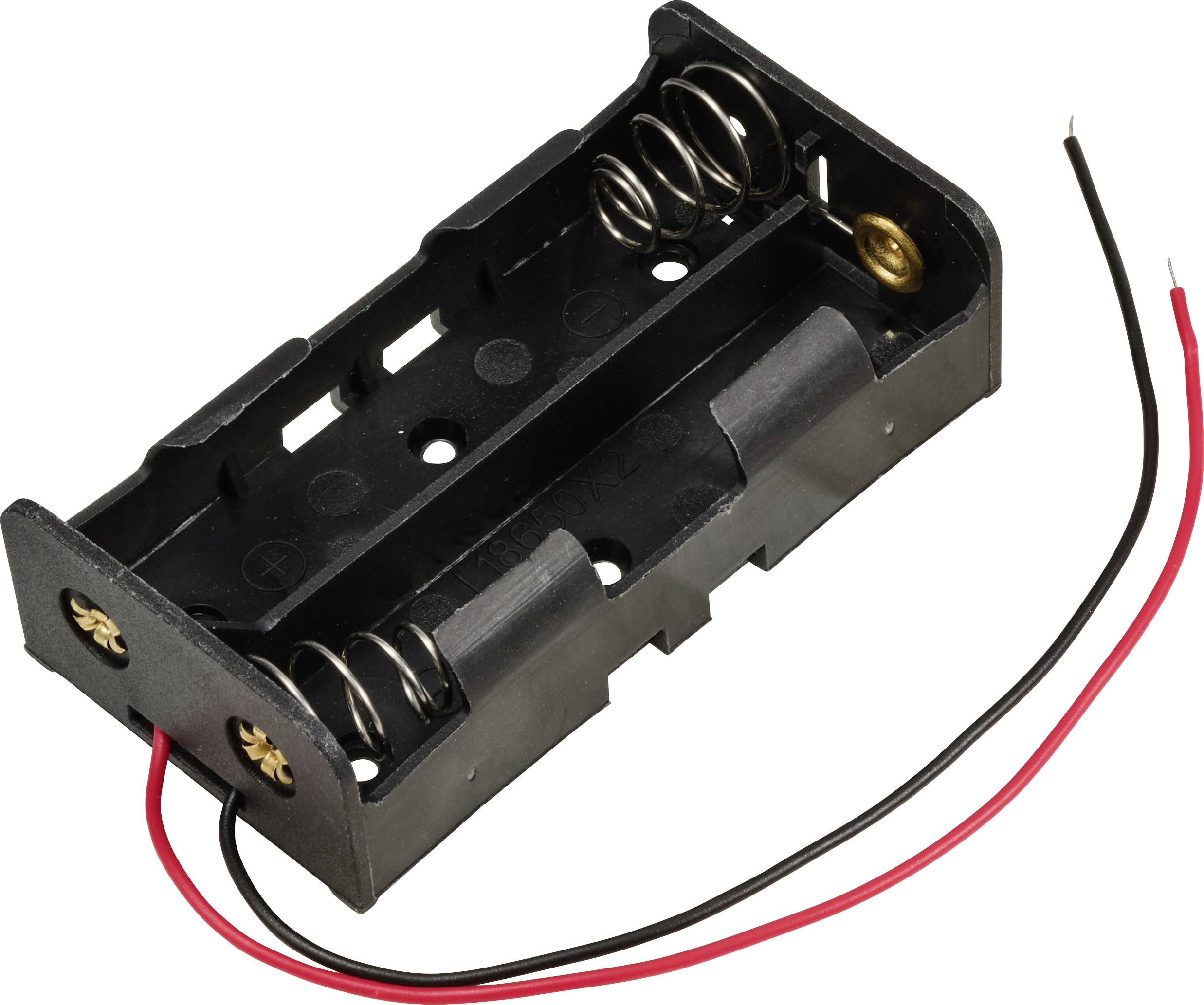 Support de batterie en plastique noir pour deux piles, avec des fils de connexion rouges et noirs.