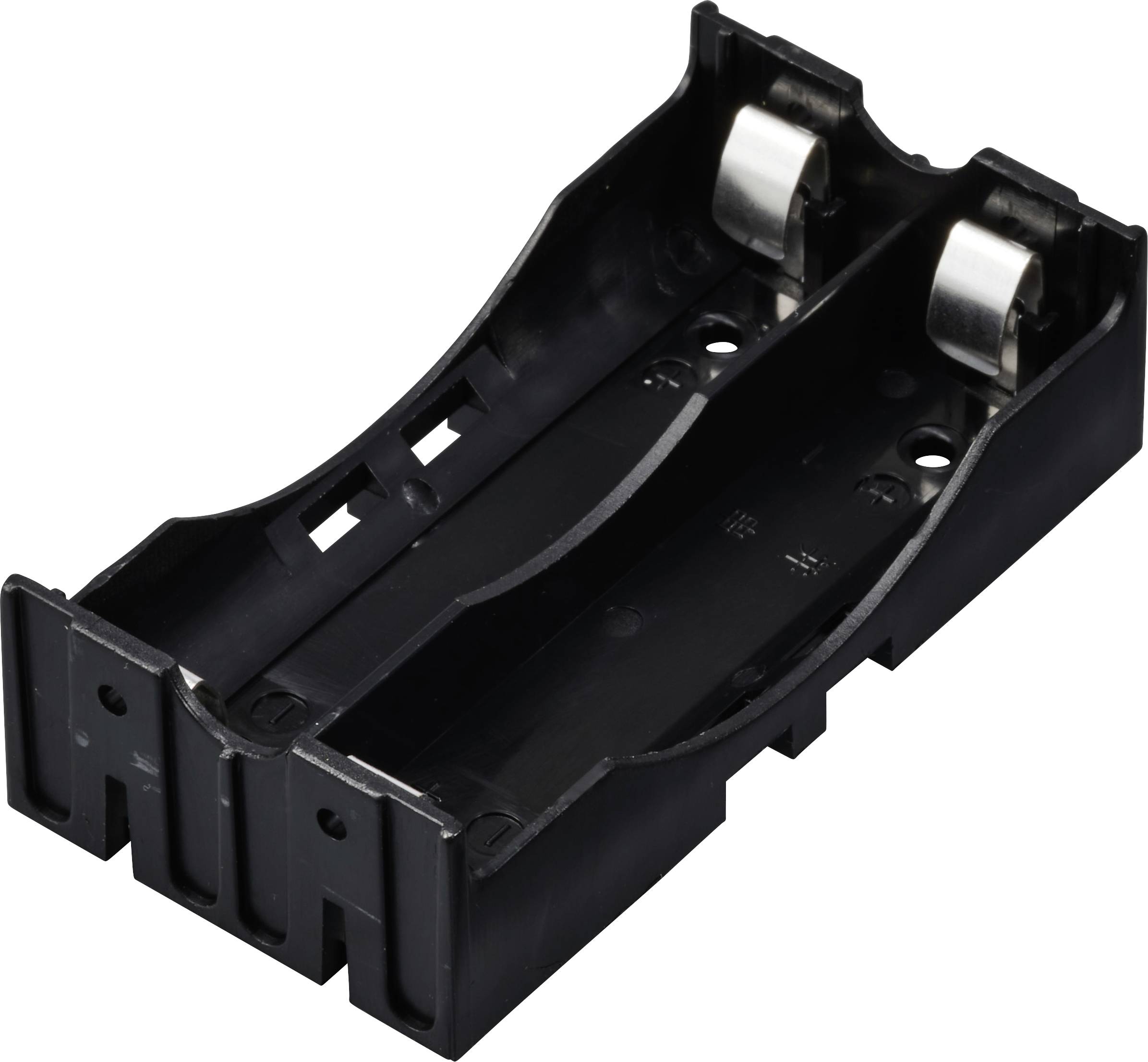 Support de batterie en plastique noir avec espace pour deux piles, contacts métalliques aux deux extrémités.