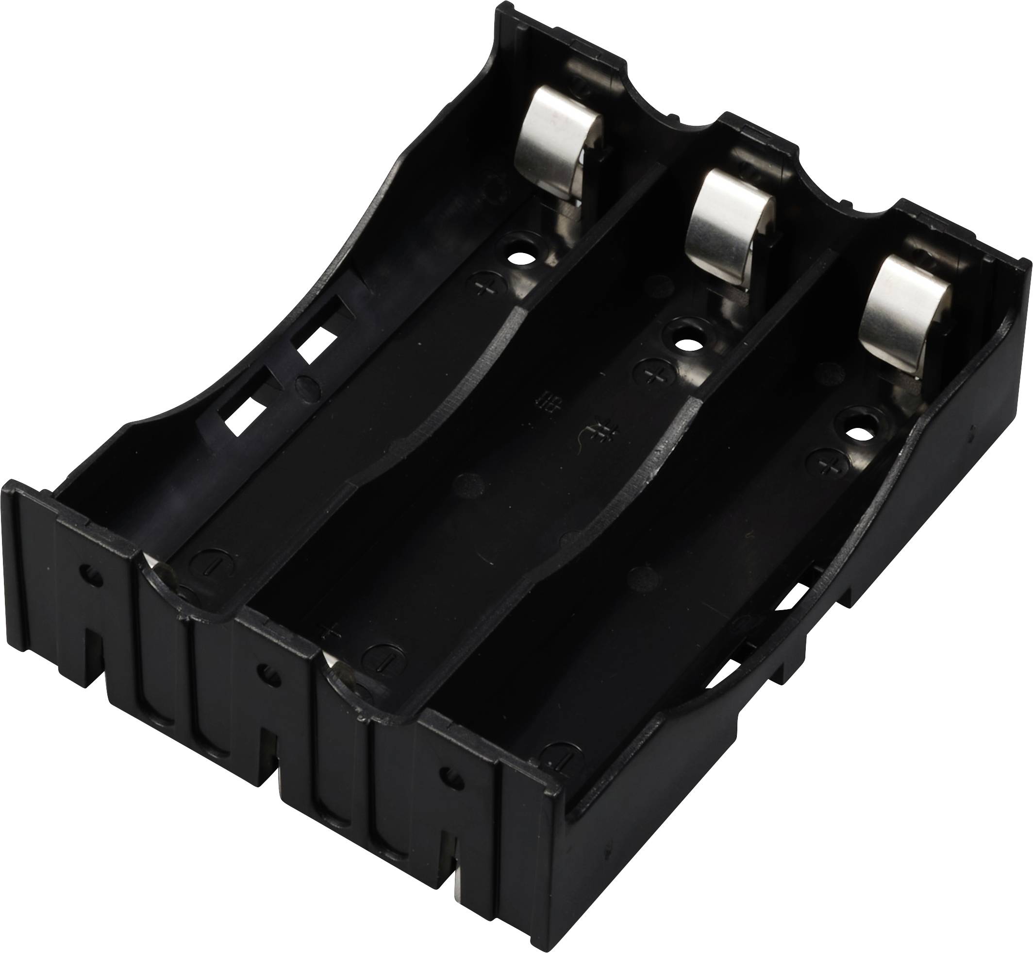 Support de pile noir pour trois piles AA, avec contacts à ressort et boîtier en plastique robuste.