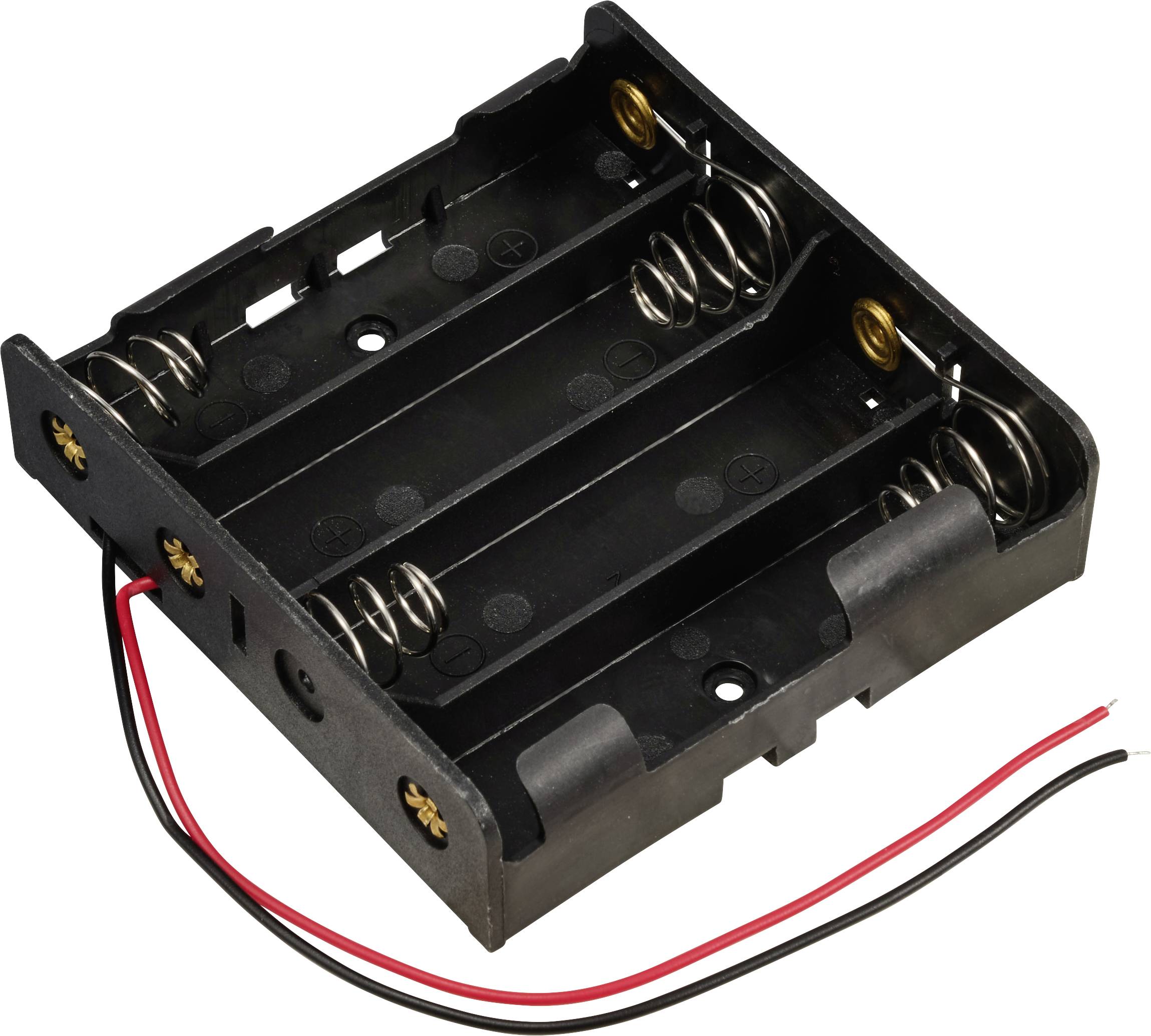 Un boîtier de batterie noir en plastique pour quatre piles AA, avec des fils de connexion rouges et noirs.
