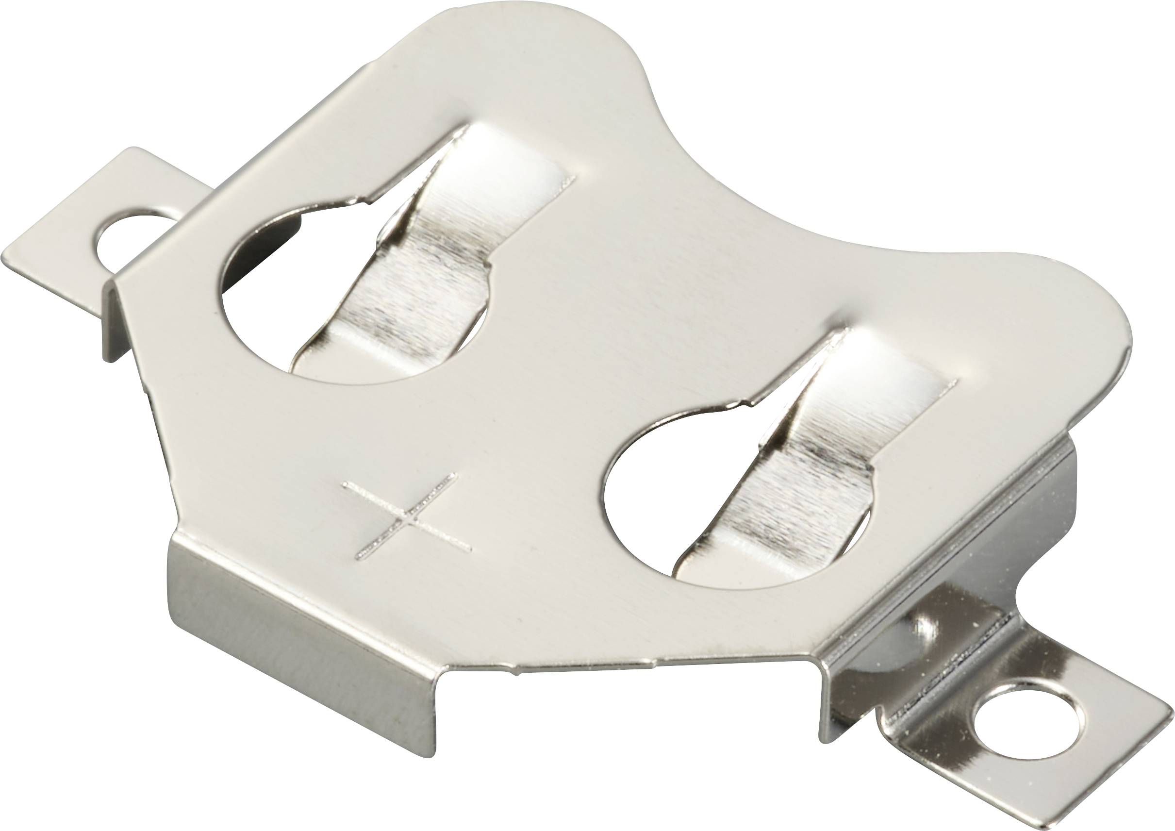 Support métallique pour piles boutons avec deux ouvertures et trous de fixation sur les côtés, adapté aux appareils électroniques.