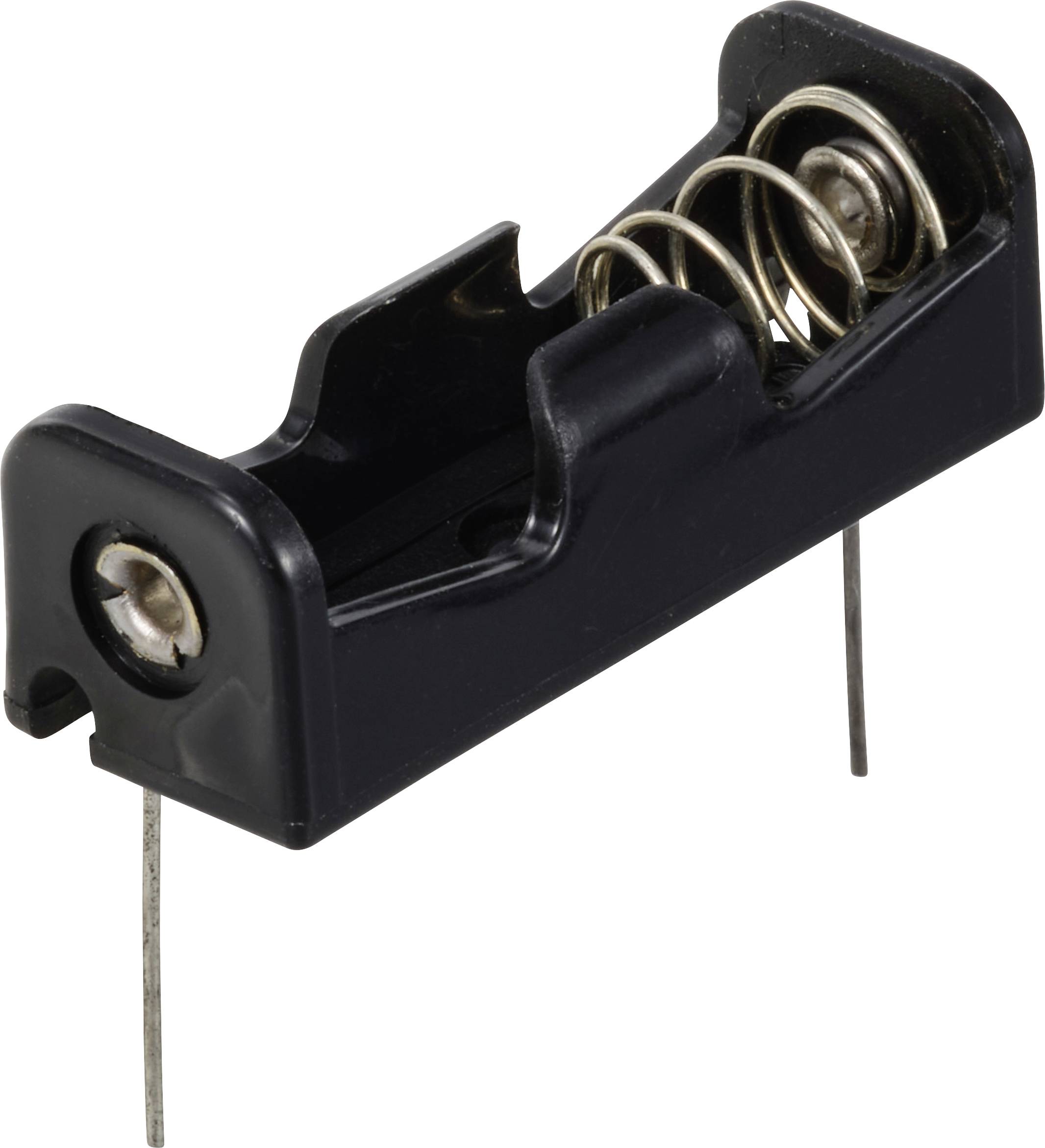 Support de batterie noir pour une seule batterie, doté de deux contacts métalliques et d'une connexion à ressort sur un côté.