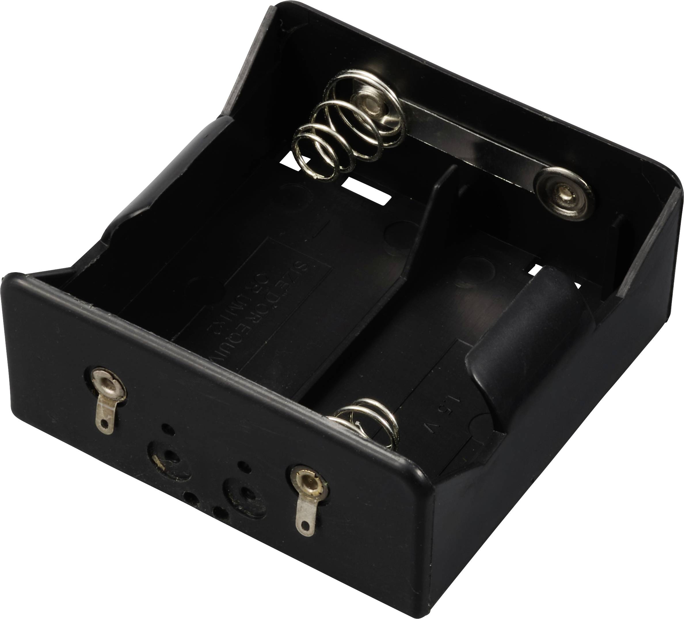 Boîtier de batterie noir pour deux piles AA, équipé de ressorts métalliques et de bornes pour l'alimentation électrique.