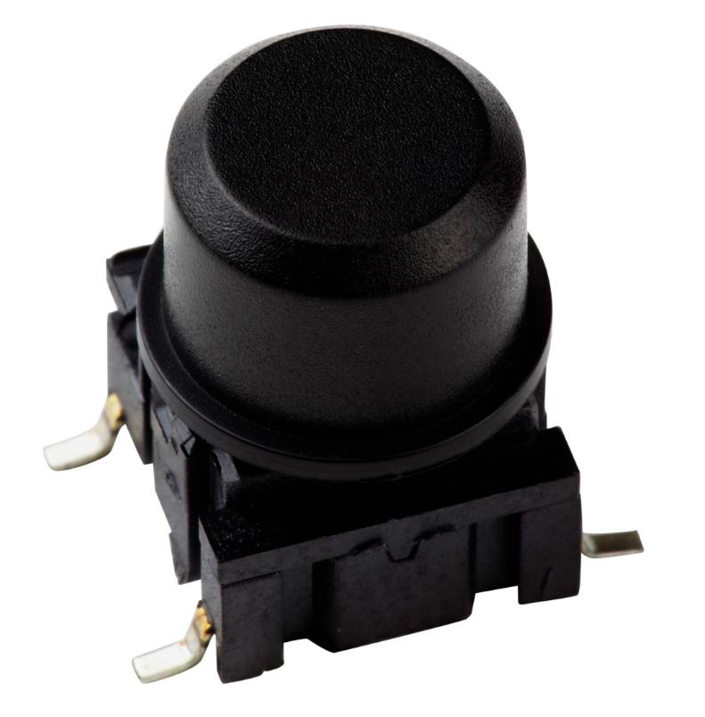 Un bouton-poussoir noir carré avec un bouton rond et trois bornes métalliques, souvent utilisé pour commander des appareils électroniques.