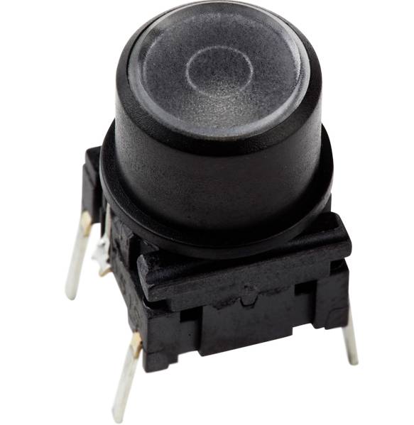 Un bouton poussoir noir aux angles arrondis avec quatre broches métalliques à la base. Adapté pour les circuits électroniques dans les appareils.