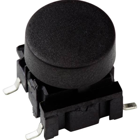 Un bouton-poussoir noir avec capuchon en plastique, monté sur un support noir. Adapté aux applications électroniques.