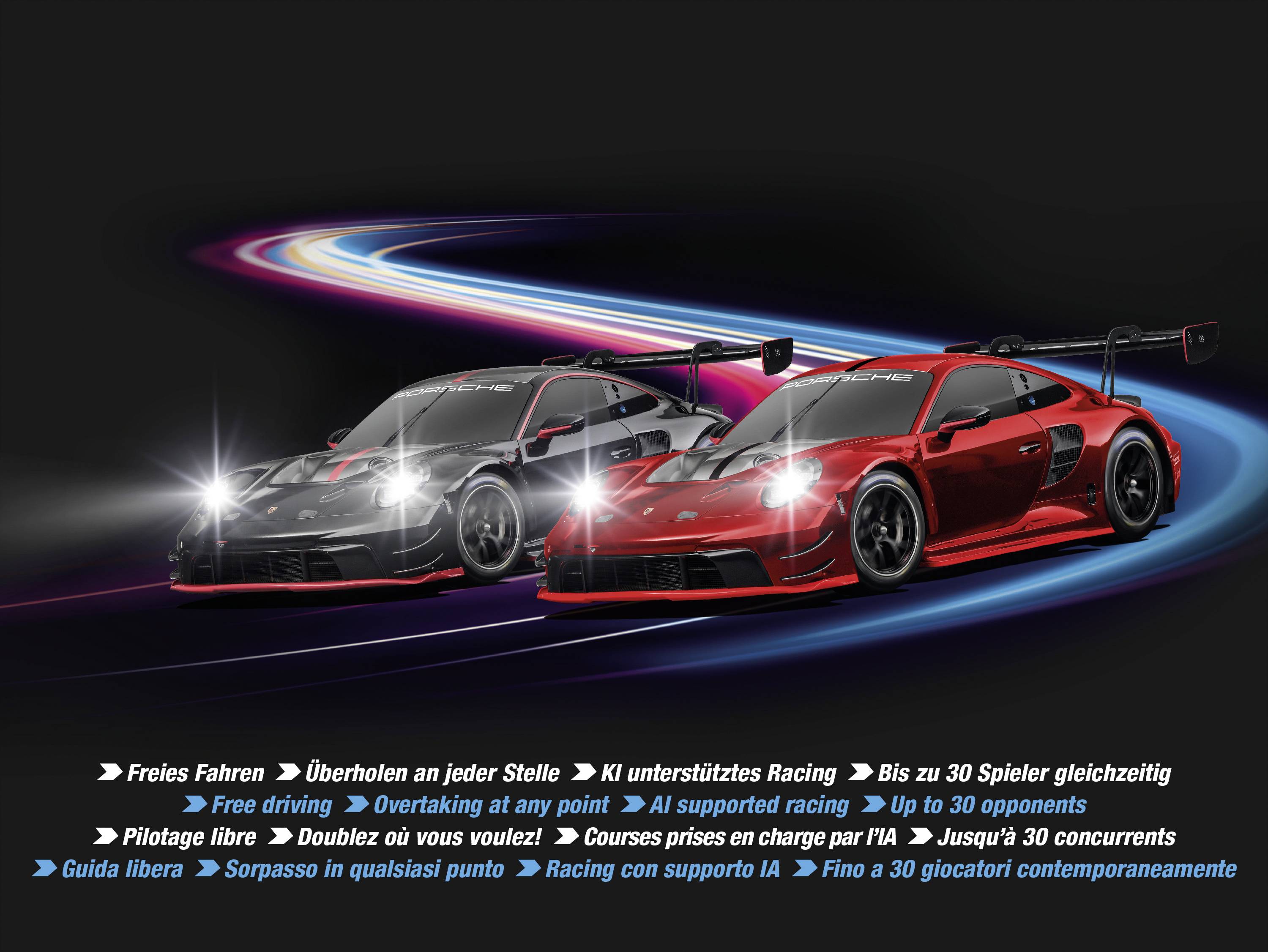 Deux voitures de course sur un circuit avec des effets lumineux colorés. Le texte en bas décrit les caractéristiques de course telles que le support de l'IA et jusqu'à 30 joueurs.