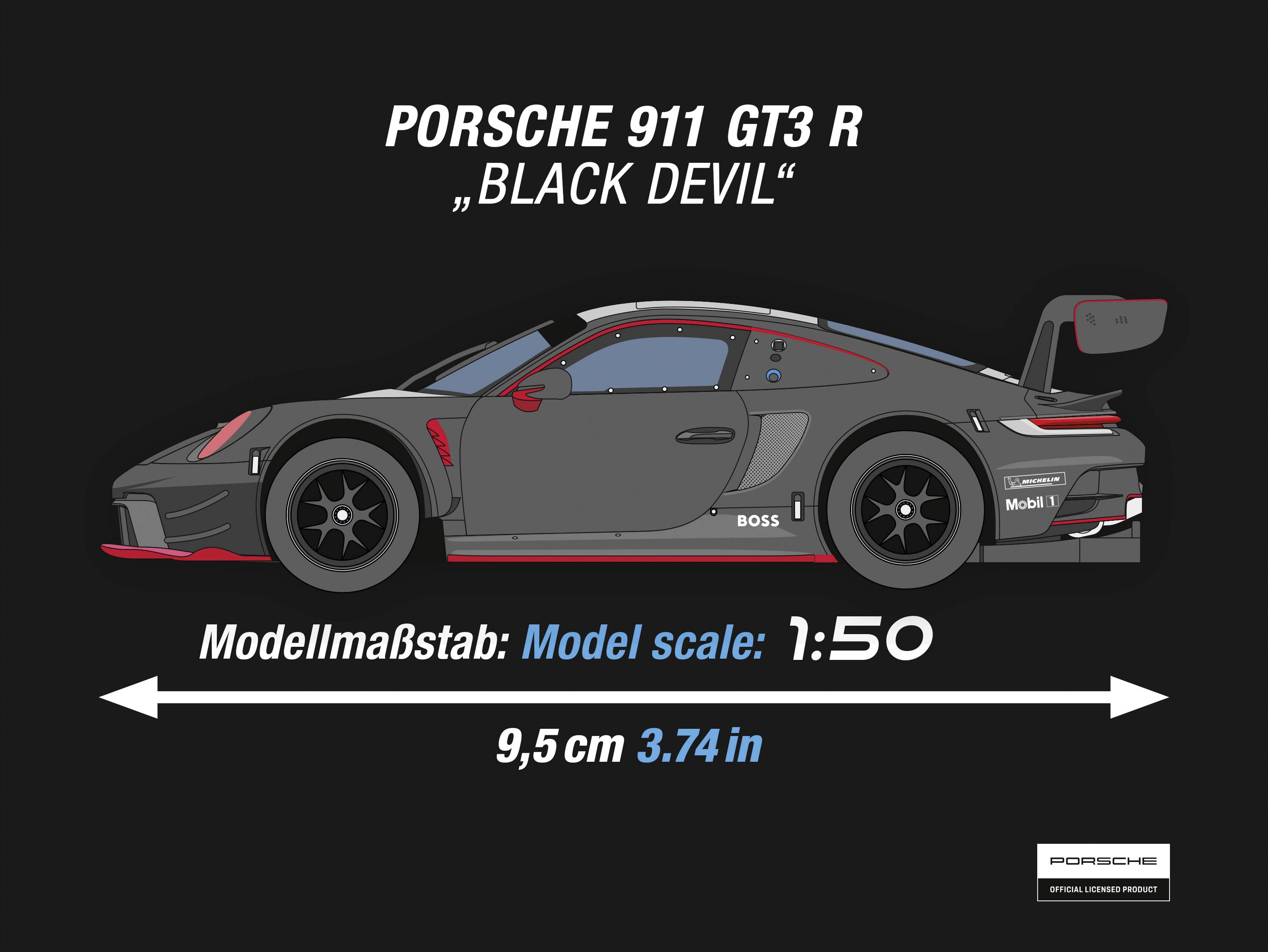 Modèle 'Porsche 911 GT3 R' en noir, vue latérale. Texte : 'Black Devil', échelle 1:50, longueur 9,5 cm.