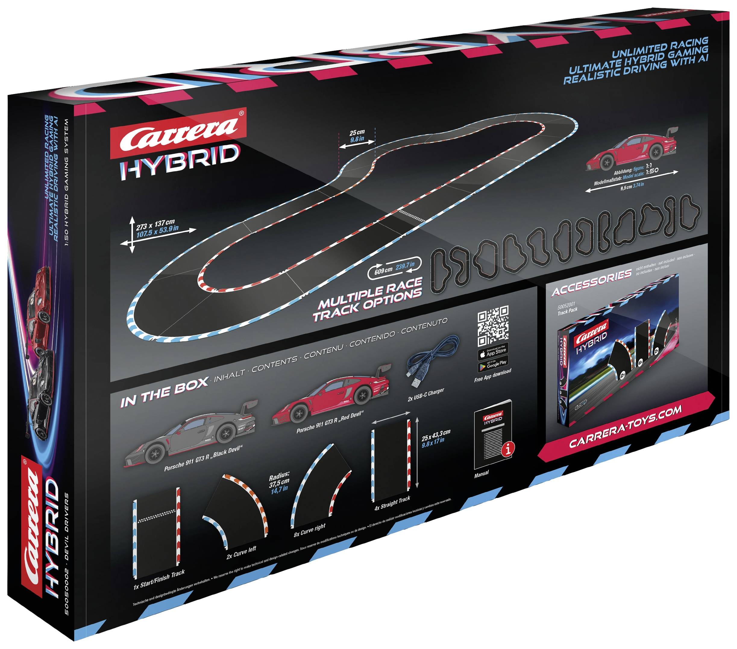 Emballage de la piste hybride Carrera montrant le tracé du circuit, deux voitures rouges et des accessoires. Différentes options de circuits de course sont mises en évidence.