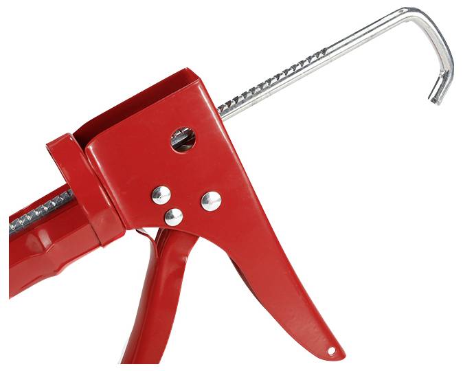 Pistolet à cartouche rouge avec poignée métallique, adapté pour l'extrusion de mastics ou de colles à partir de cartouches.