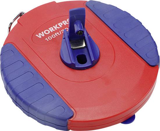 Ruban à mesurer rouge et bleu, 100 pieds/30 mètres. Boîtier en plastique avec manivelle pour enrouler le ruban.