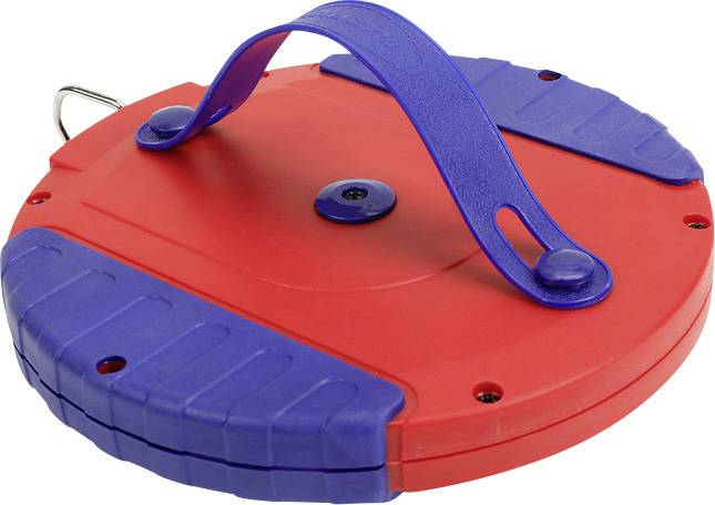 Boîtier rond de couleur rouge, avec une poignée bleue, ressemblant à un dévidoir de mètre ruban.