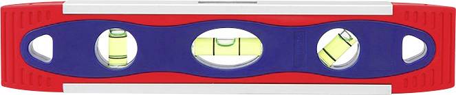 Un niveau à bulle rouge et bleu avec trois bulles indique si une surface est plane. La bulle du milieu indique une position horizontale.