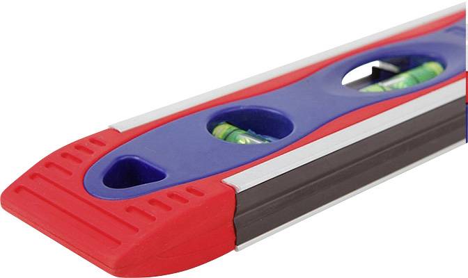 Niveau à bulle avec boîtier rouge et détails bleus, présentant deux bulles pour le contrôle de l'horizontalité.