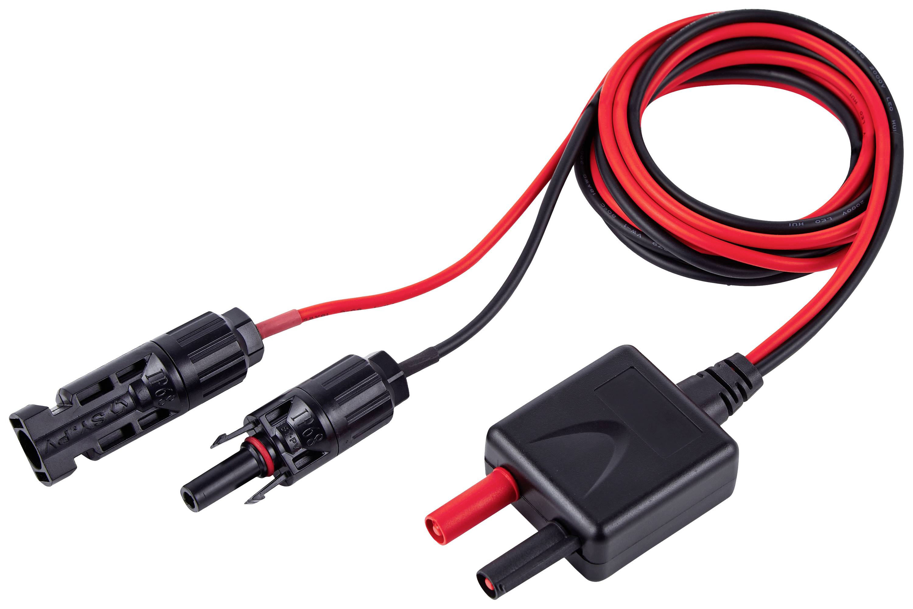 Câble solaire noir et rouge avec connecteurs MC4 et adaptateur, idéal pour la connexion de panneaux solaires à un régulateur ou à une batterie.